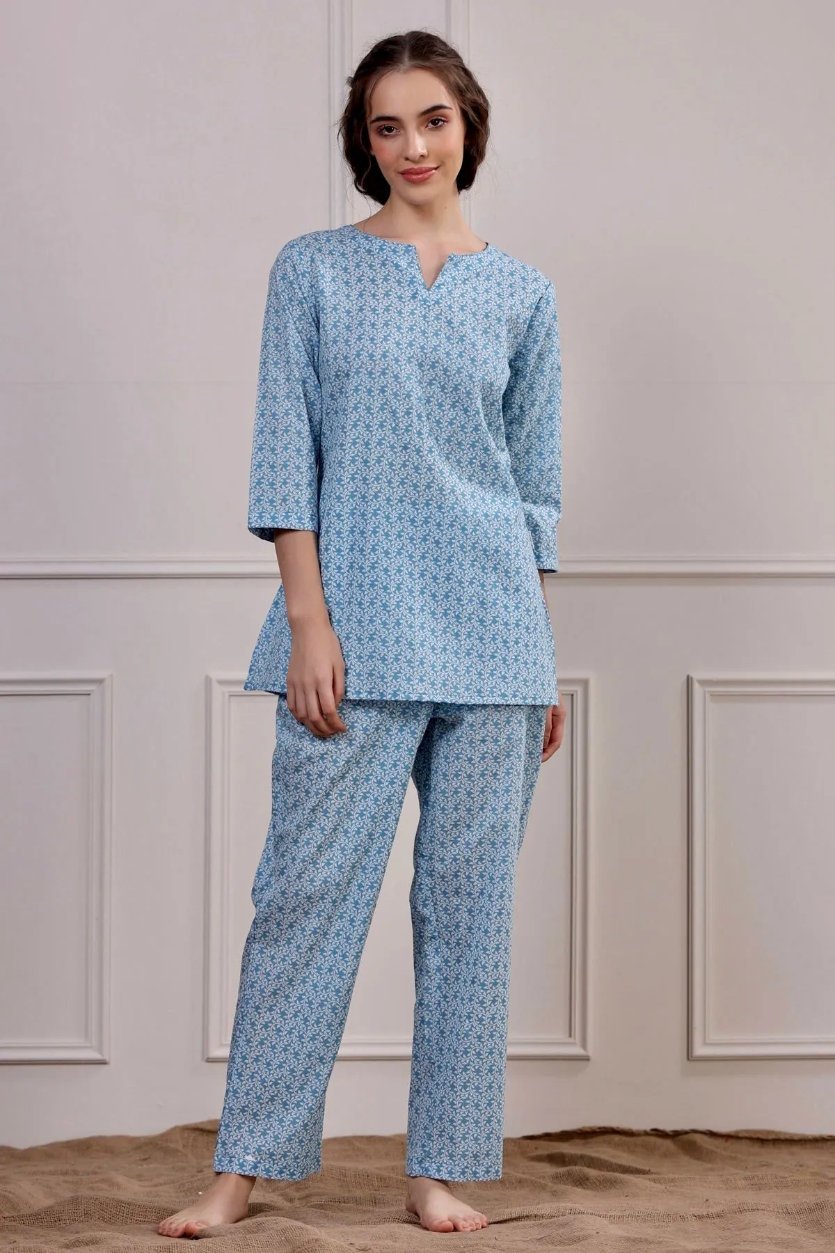 Floral Mosaic on Light Blue Loungewear Top Set