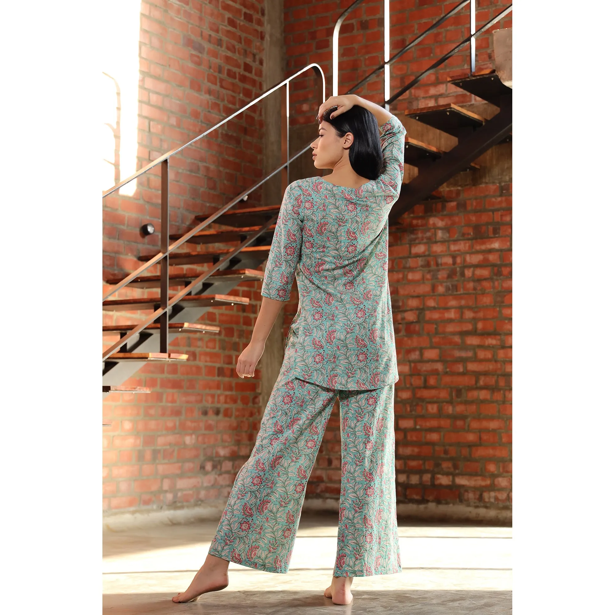 Floral Trail on Light Blue Loungewear Top Set