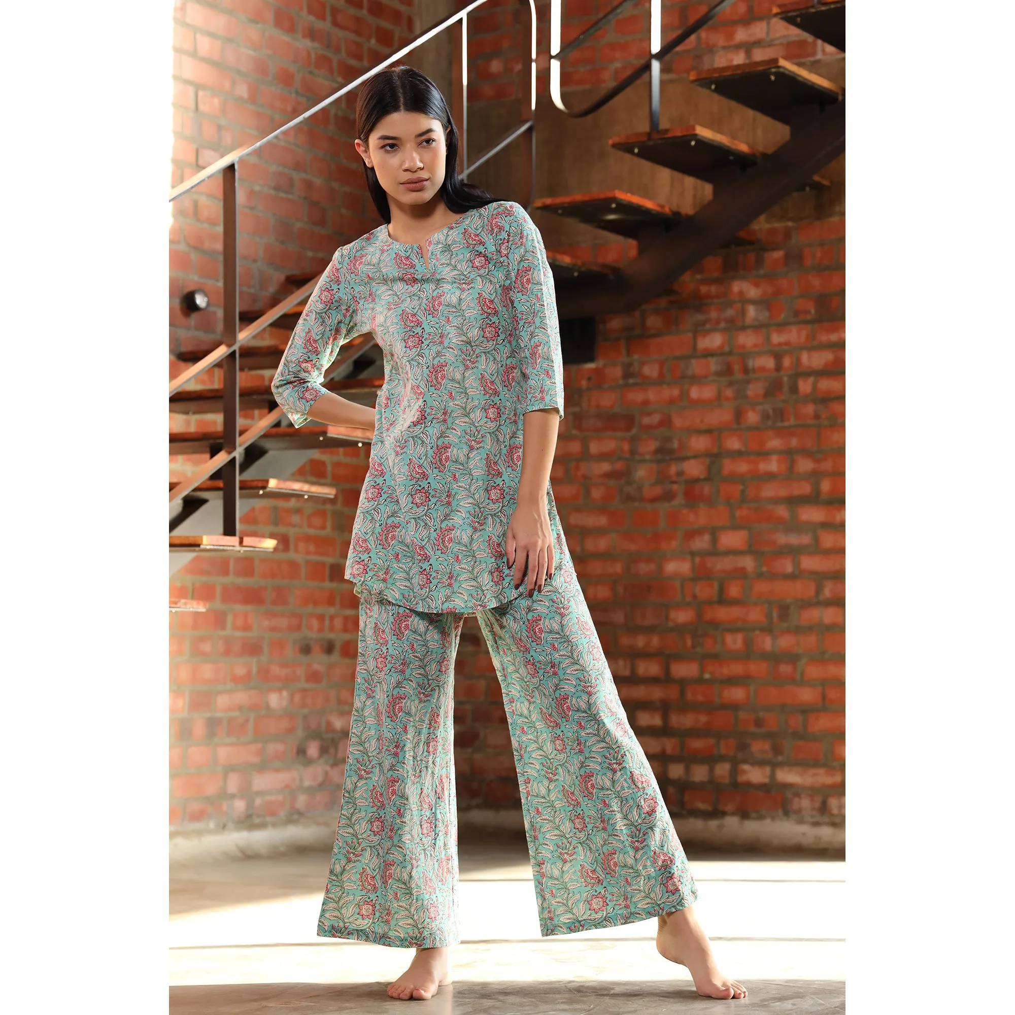 Floral Trail on Light Blue Loungewear Top Set