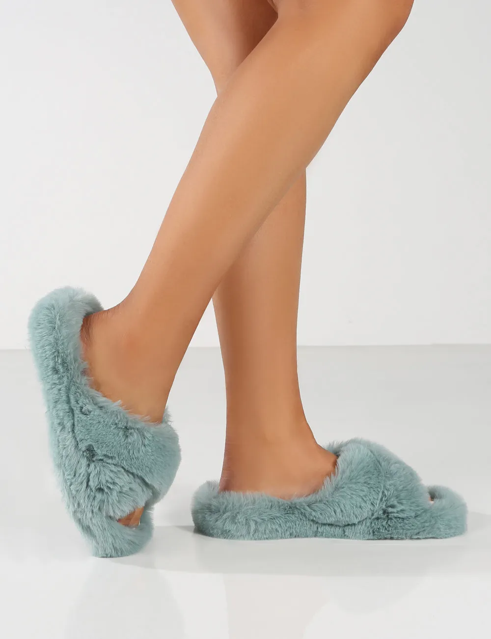 Fluffy Light Blue Cross Over Slipper