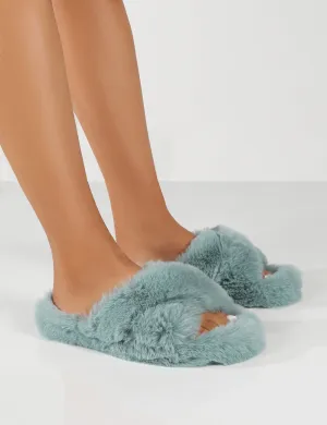 Fluffy Light Blue Cross Over Slipper