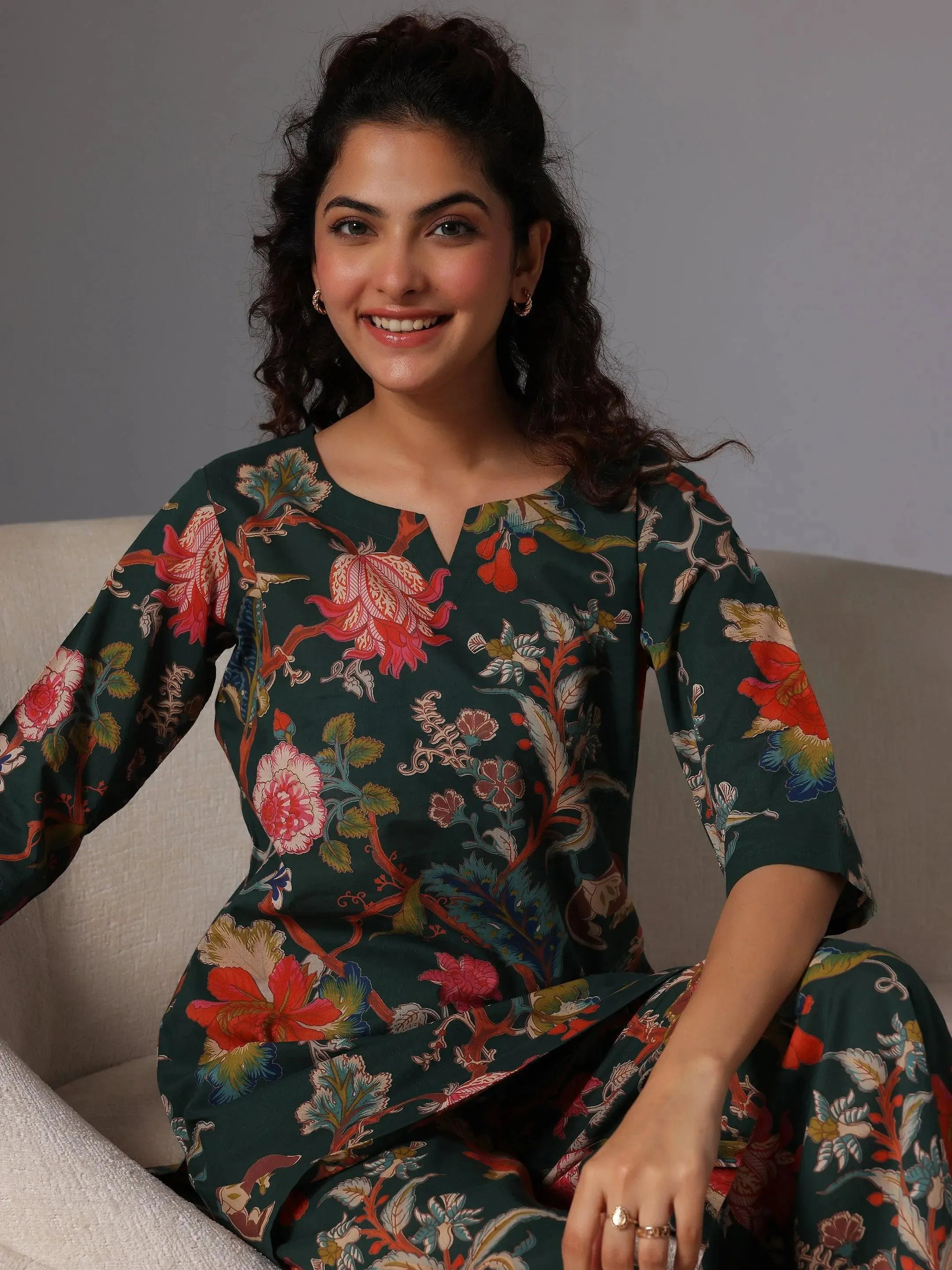 Green Printed Cotton Night Suits