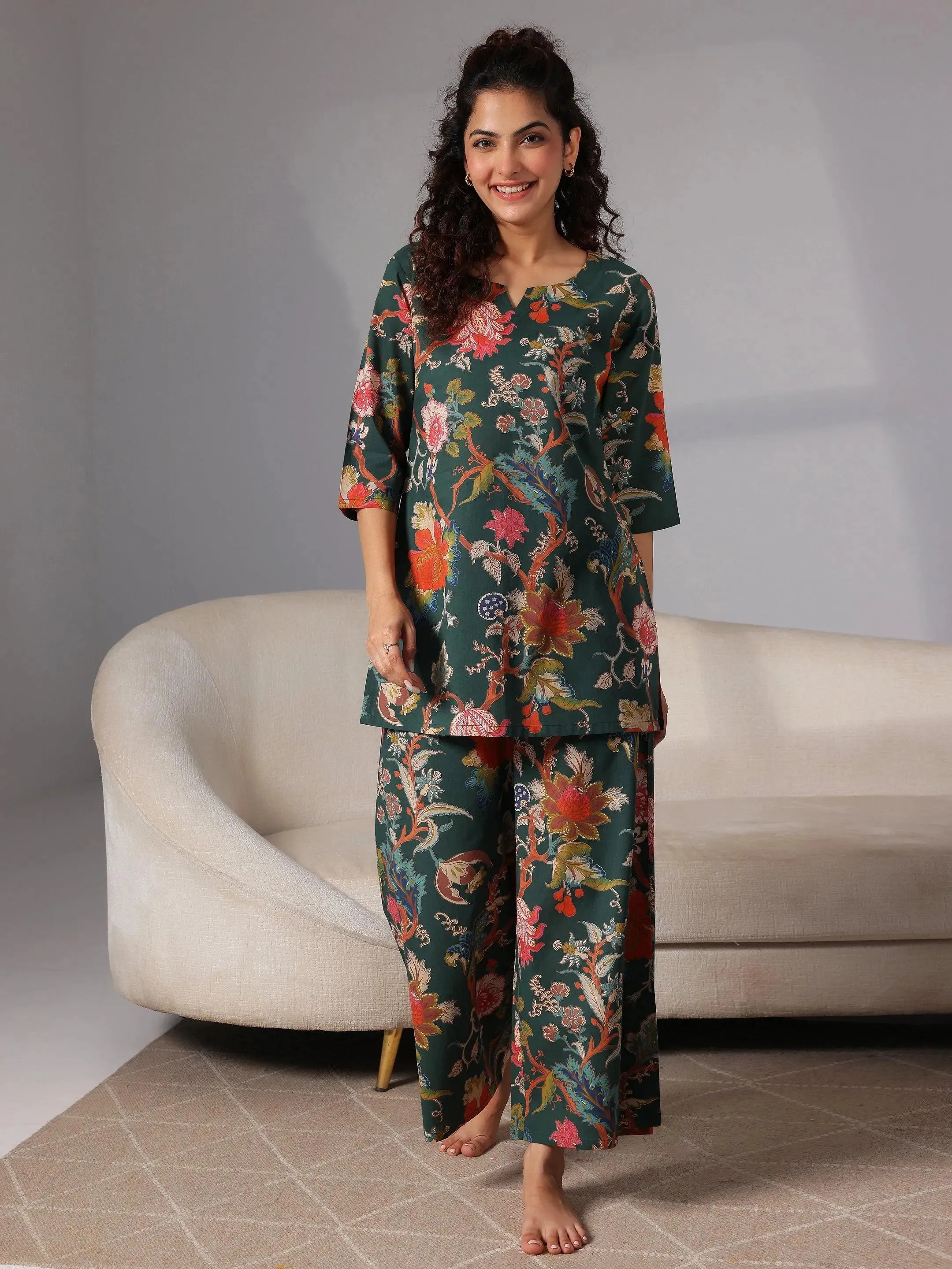 Green Printed Cotton Night Suits