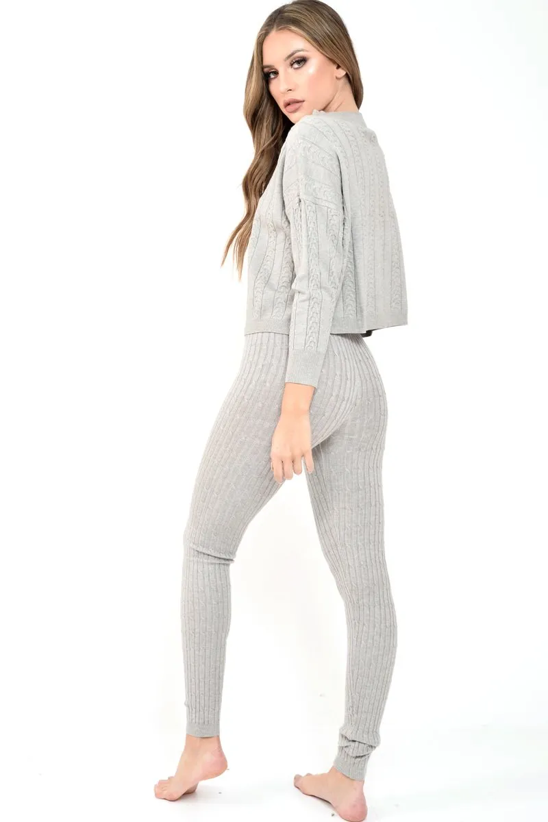 Grey Fine Cable Knit Loungewear Set - Lizette