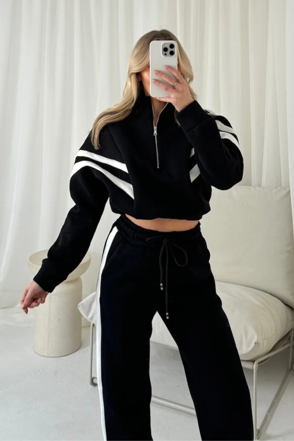 Heather black cropped 3/4 zip jogger loungewear