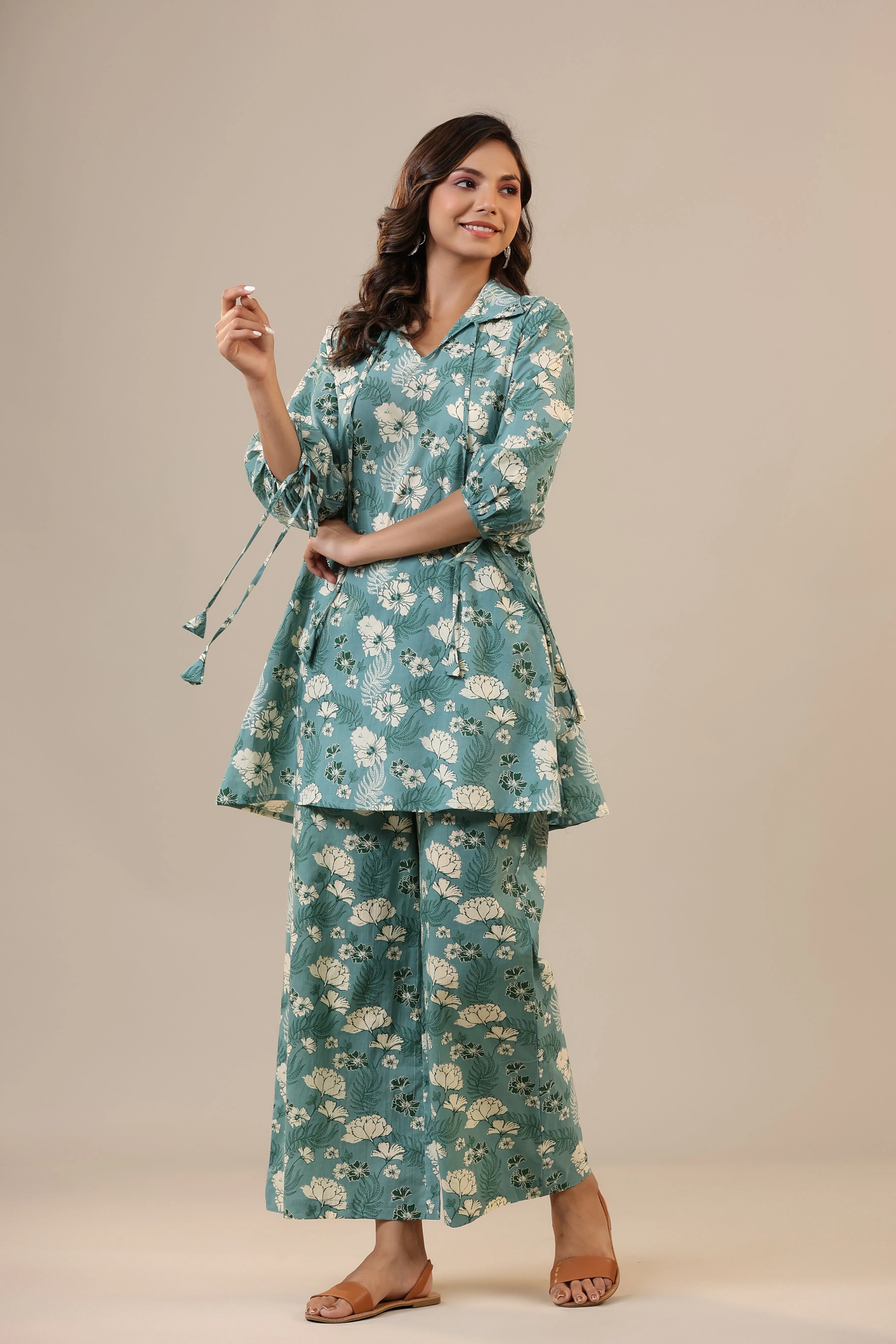 Jasmine on light Blue Cotton Collared Loungewear Set