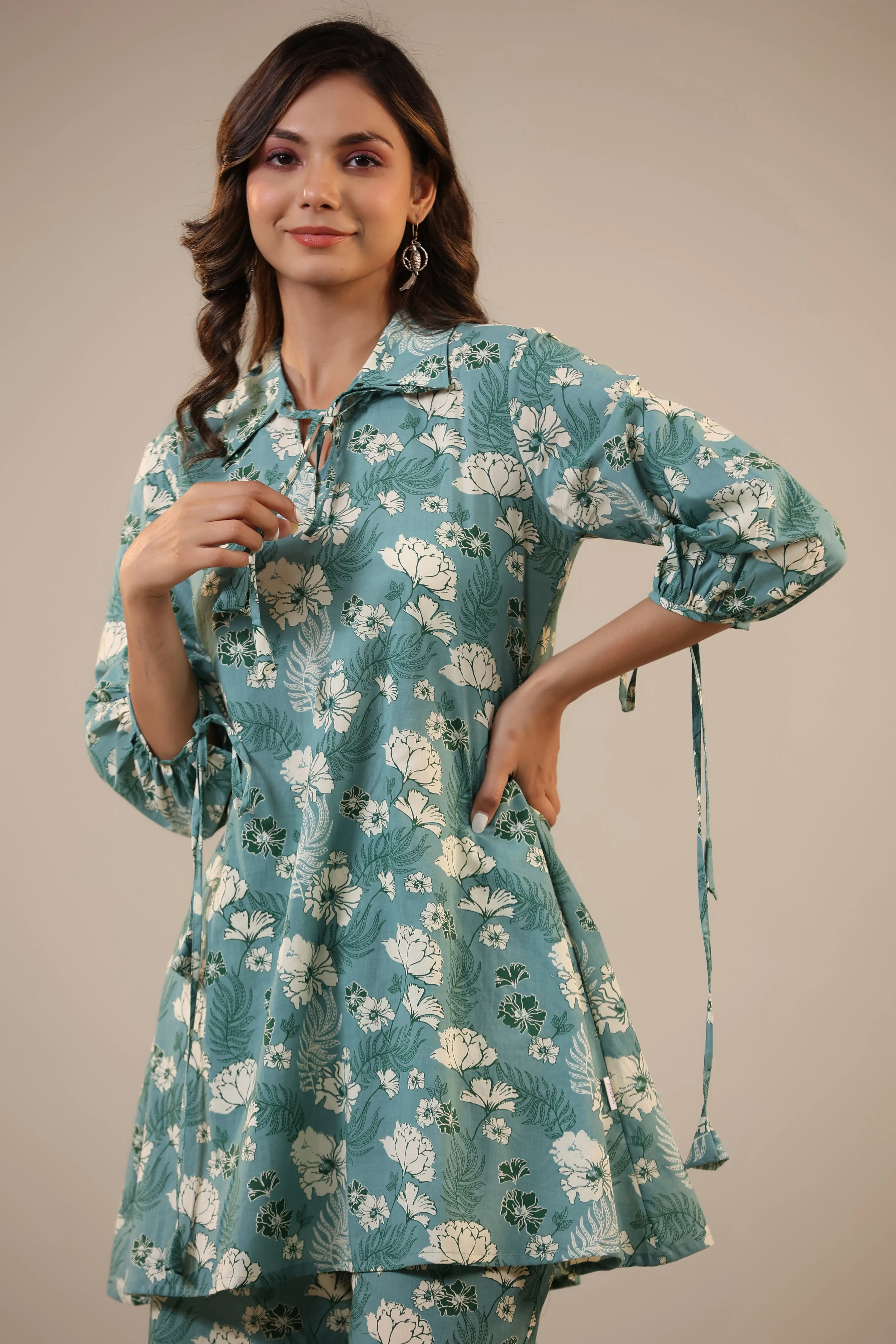 Jasmine on light Blue Cotton Collared Loungewear Set