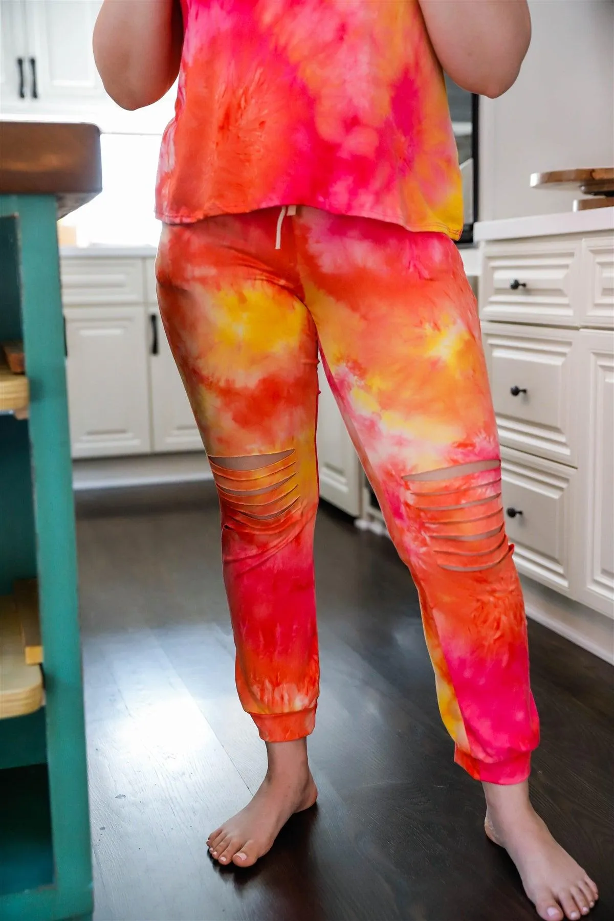 Junior Plus Hot Pink Tie-Dye Tank Top & Ripped Sweatpants Set