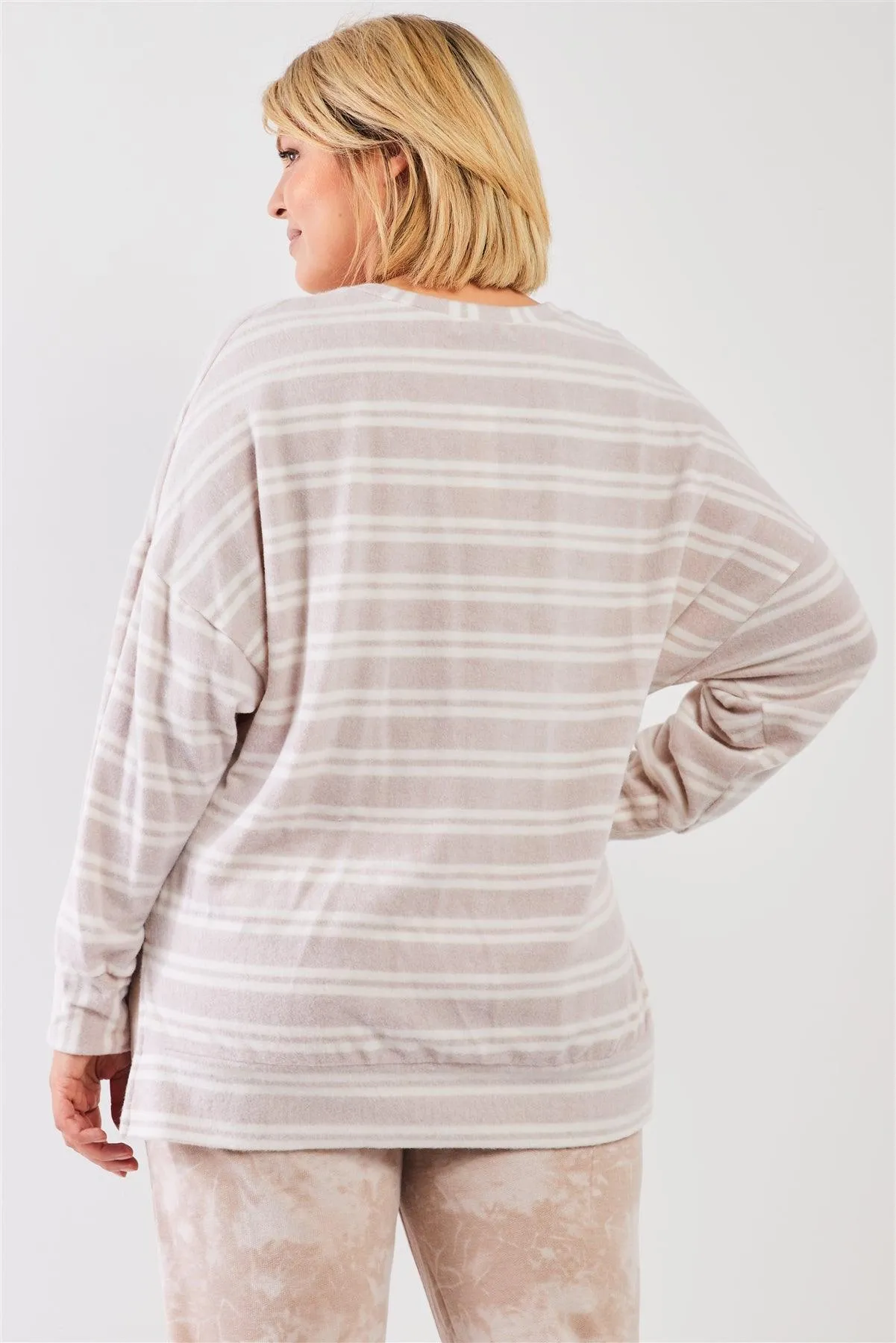 Junior Plus Taupe & Ivory Striped Polyester Fleece Round Neck Dropped Shoulder Long Sleeves Uneven Relaxed Top /3-2-1