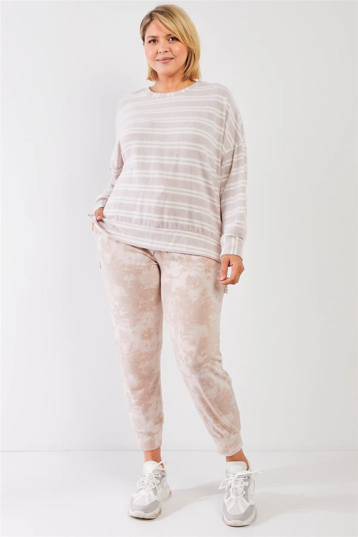 Junior Plus Taupe & Ivory Striped Polyester Fleece Round Neck Dropped Shoulder Long Sleeves Uneven Relaxed Top /3-2-1