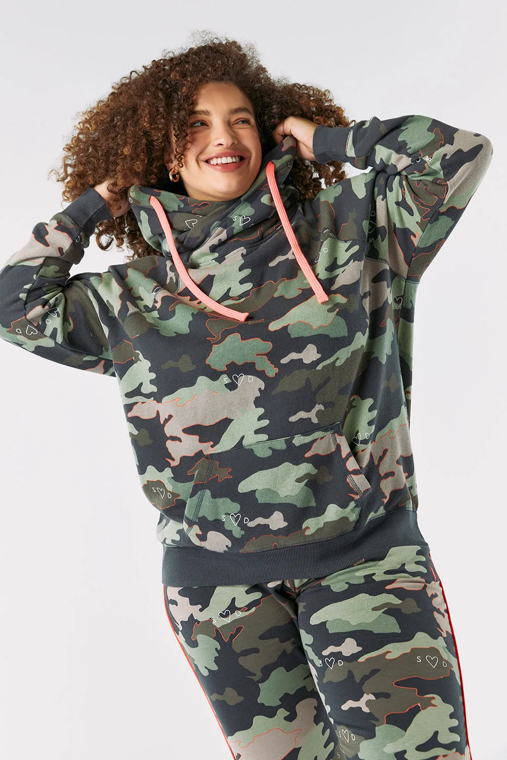 Khaki Camo Print Cowl Neck Hoodie