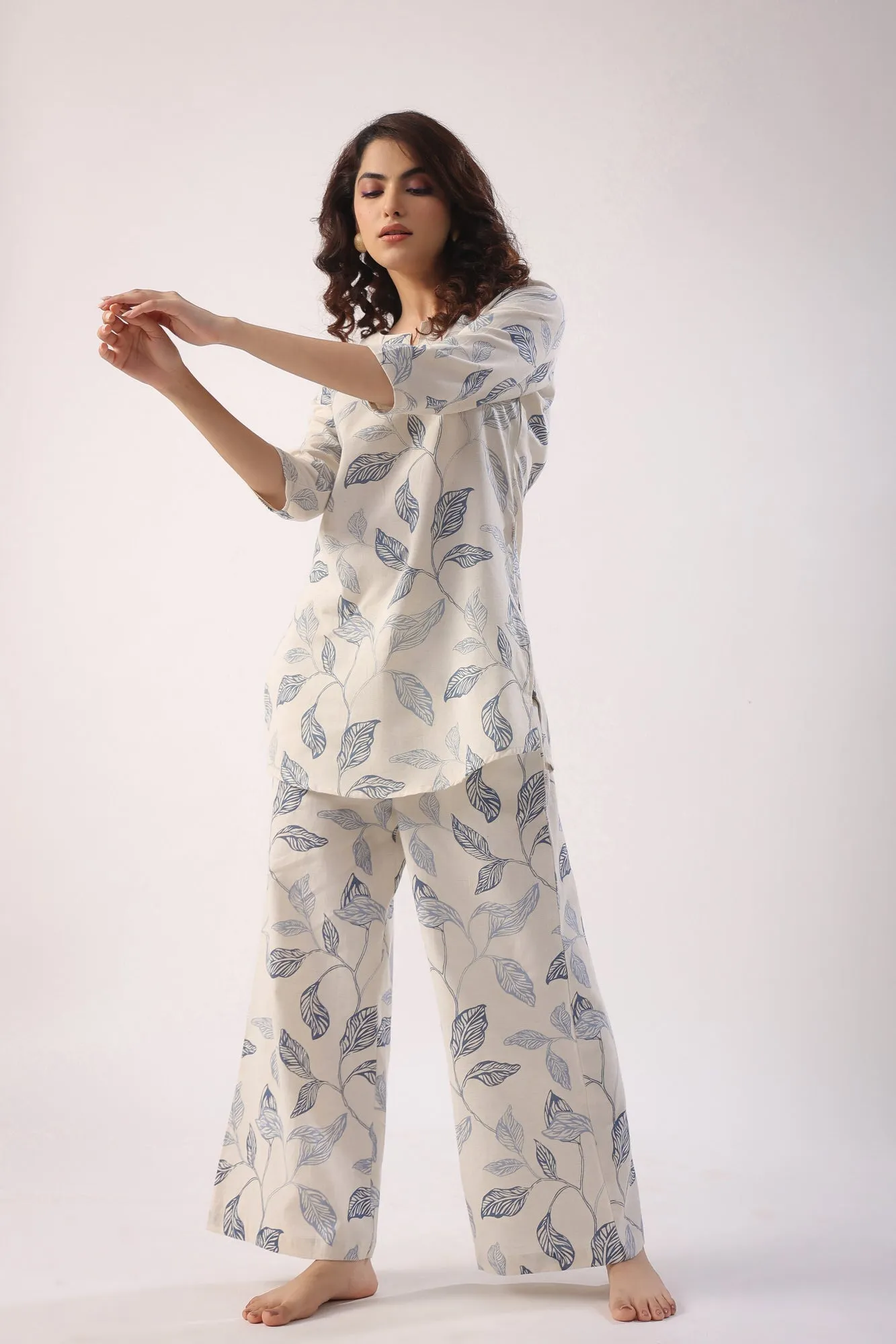 Leaves On Cotton Flex Palazzo Loungewear Set