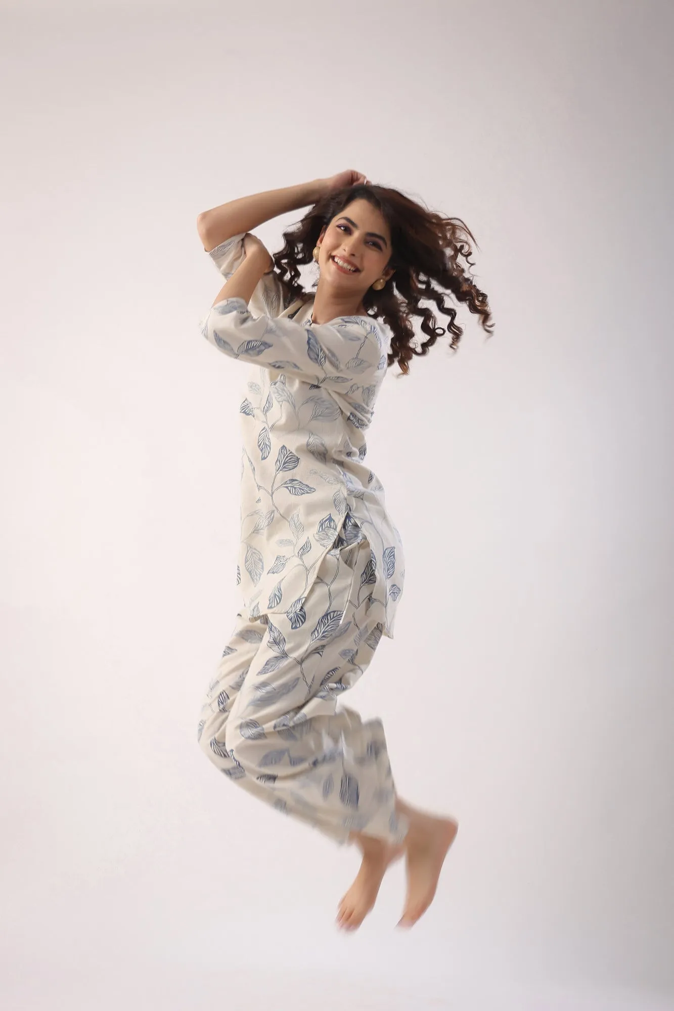 Leaves On Cotton Flex Palazzo Loungewear Set