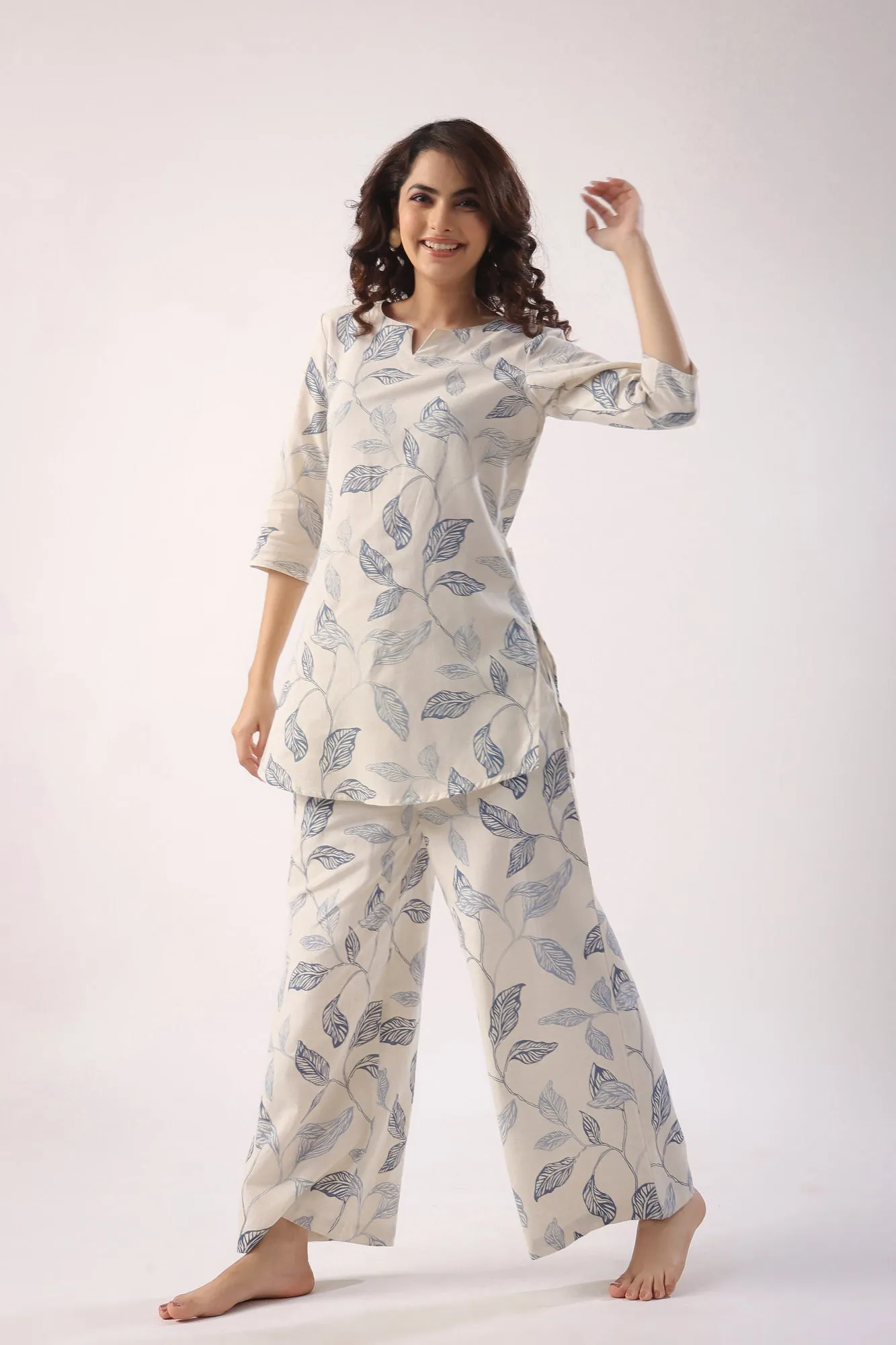 Leaves On Cotton Flex Palazzo Loungewear Set