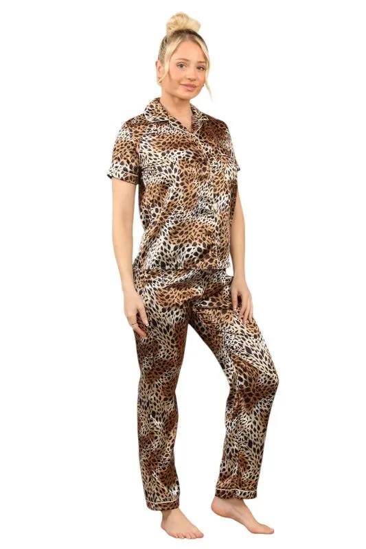 Leopard Satin Print Pajama Set – Stylish & Comfortable Animal Print Sleepwear for Women