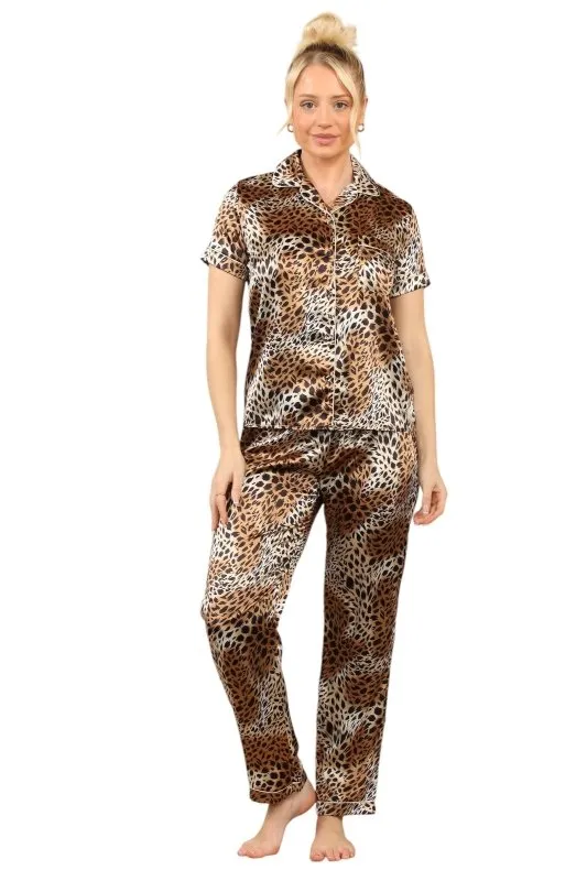 Leopard Satin Print Pajama Set – Stylish & Comfortable Animal Print Sleepwear for Women