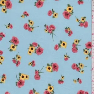 Light Blue Rose/Sunflower Double Brushed Jersey Knit Fabric