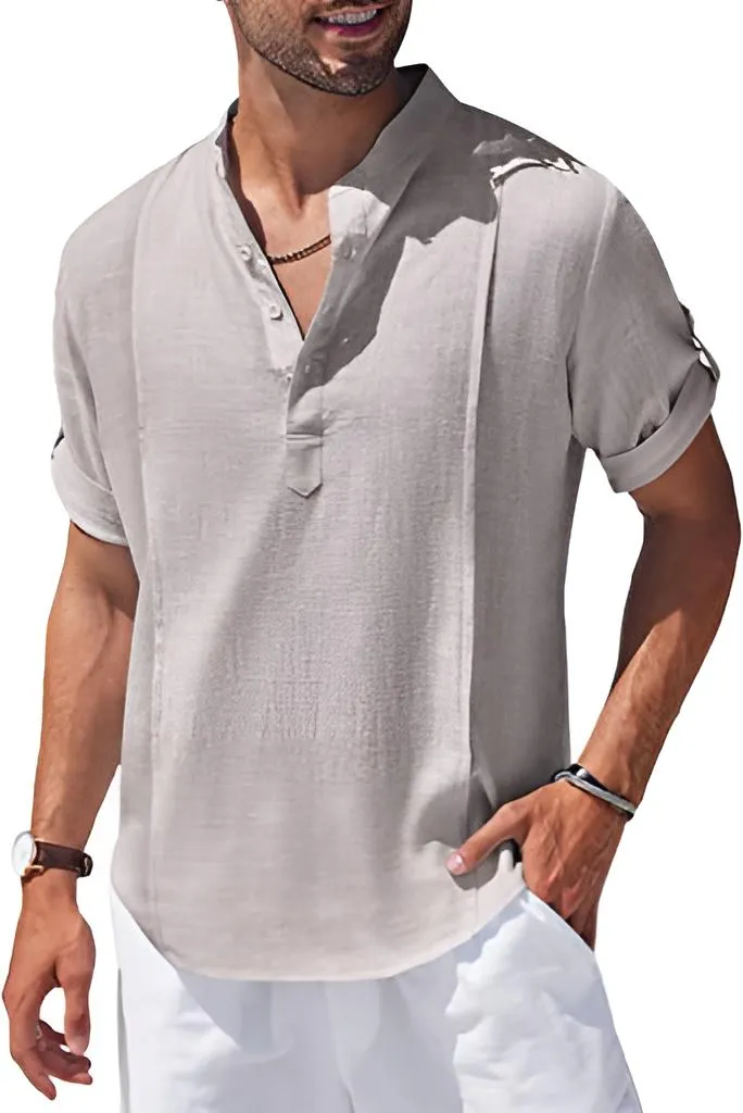 Men's Linen Henley Casual Beach Shirt