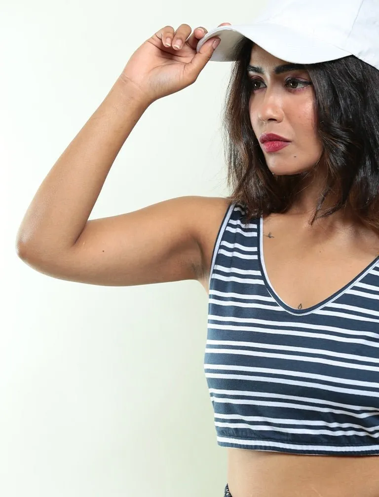 Nautical Crop Biowashed Organic Cotton Top- Navy Blue