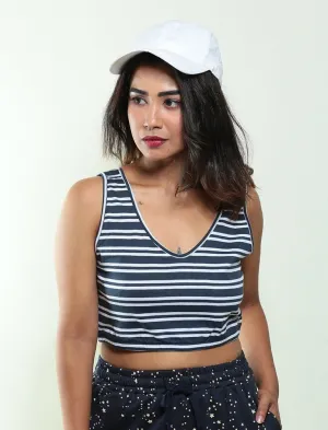 Nautical Crop Biowashed Organic Cotton Top- Navy Blue