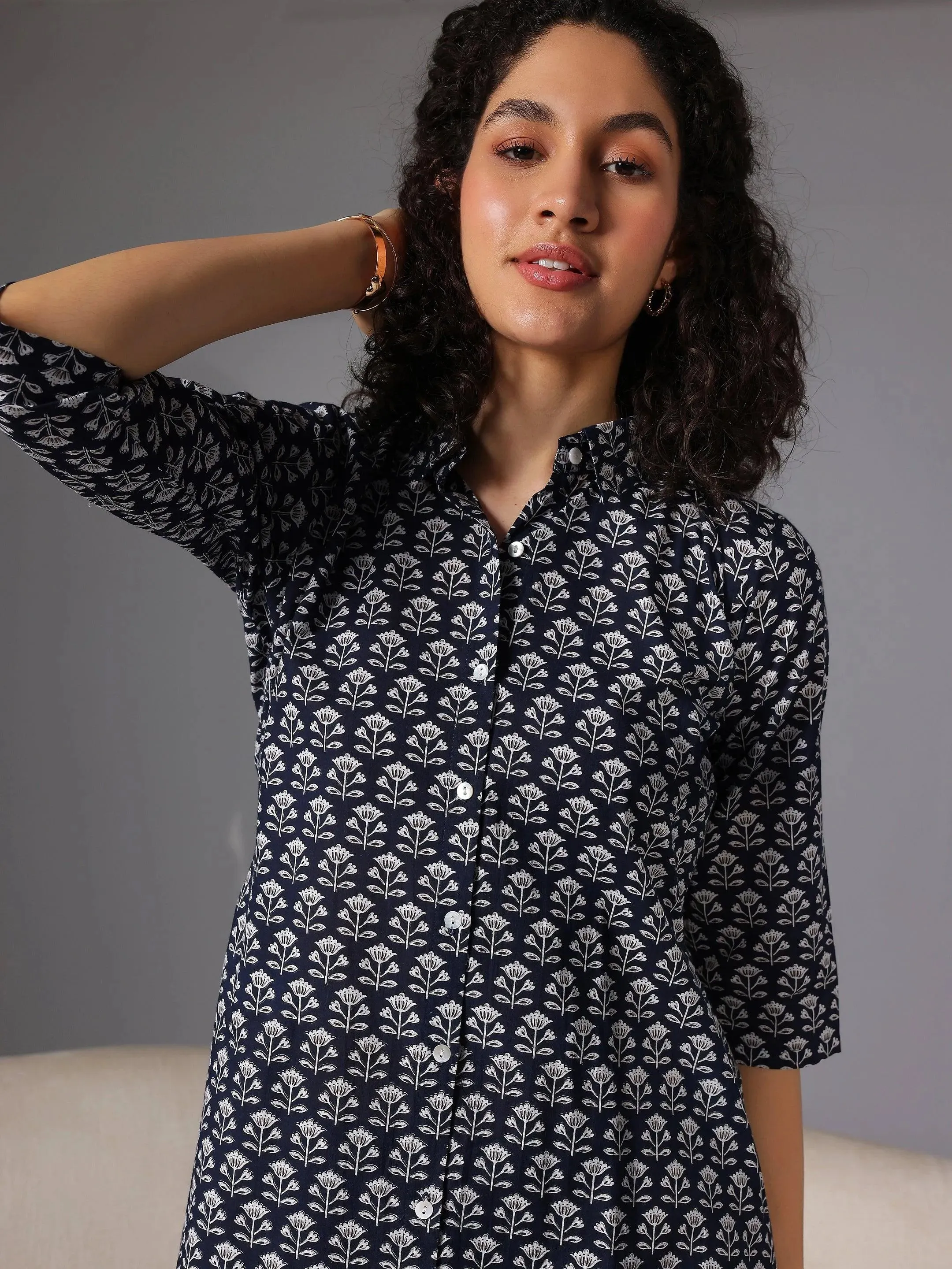 Navy Blue Printed Cotton Night Suits