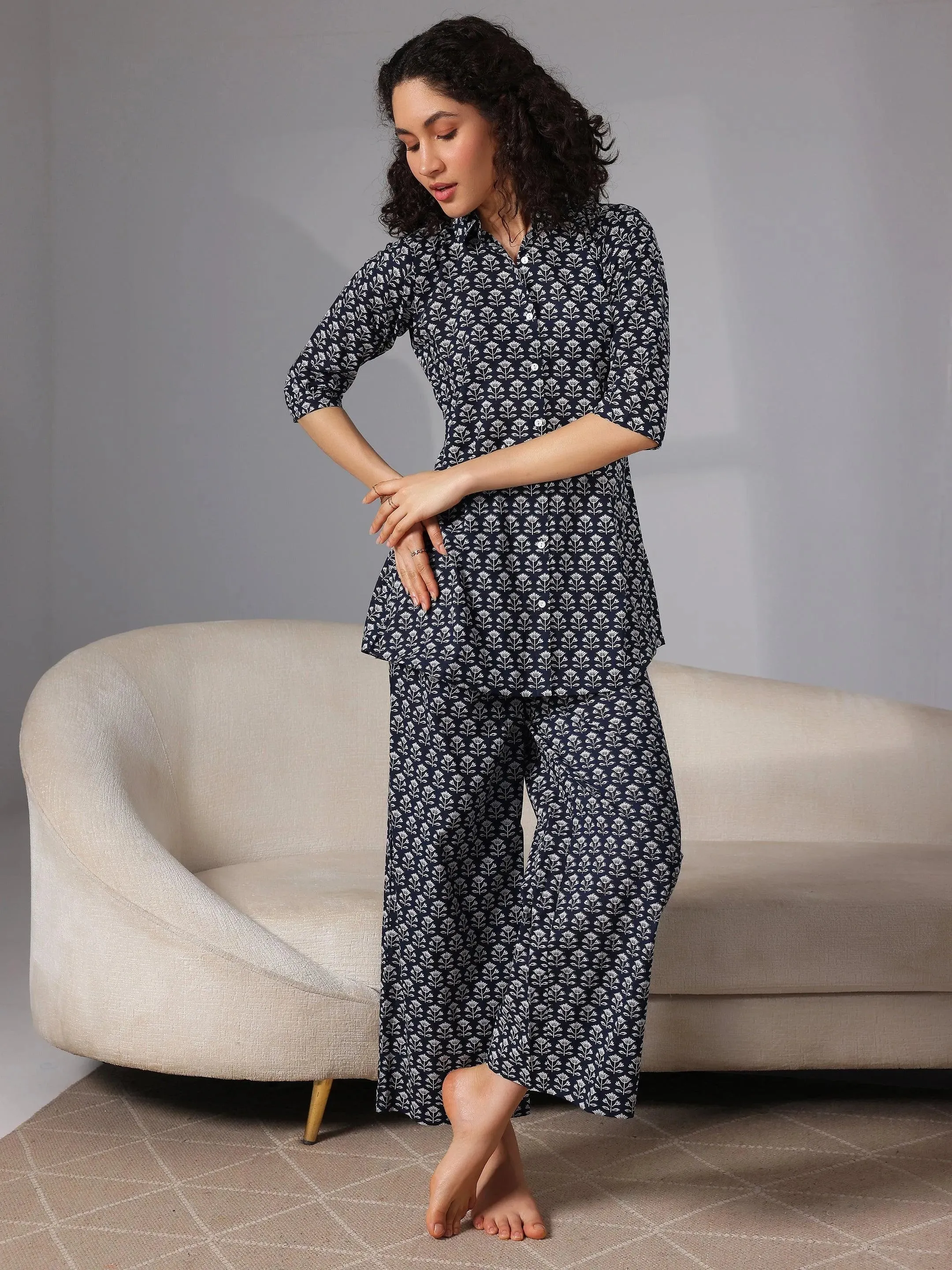 Navy Blue Printed Cotton Night Suits