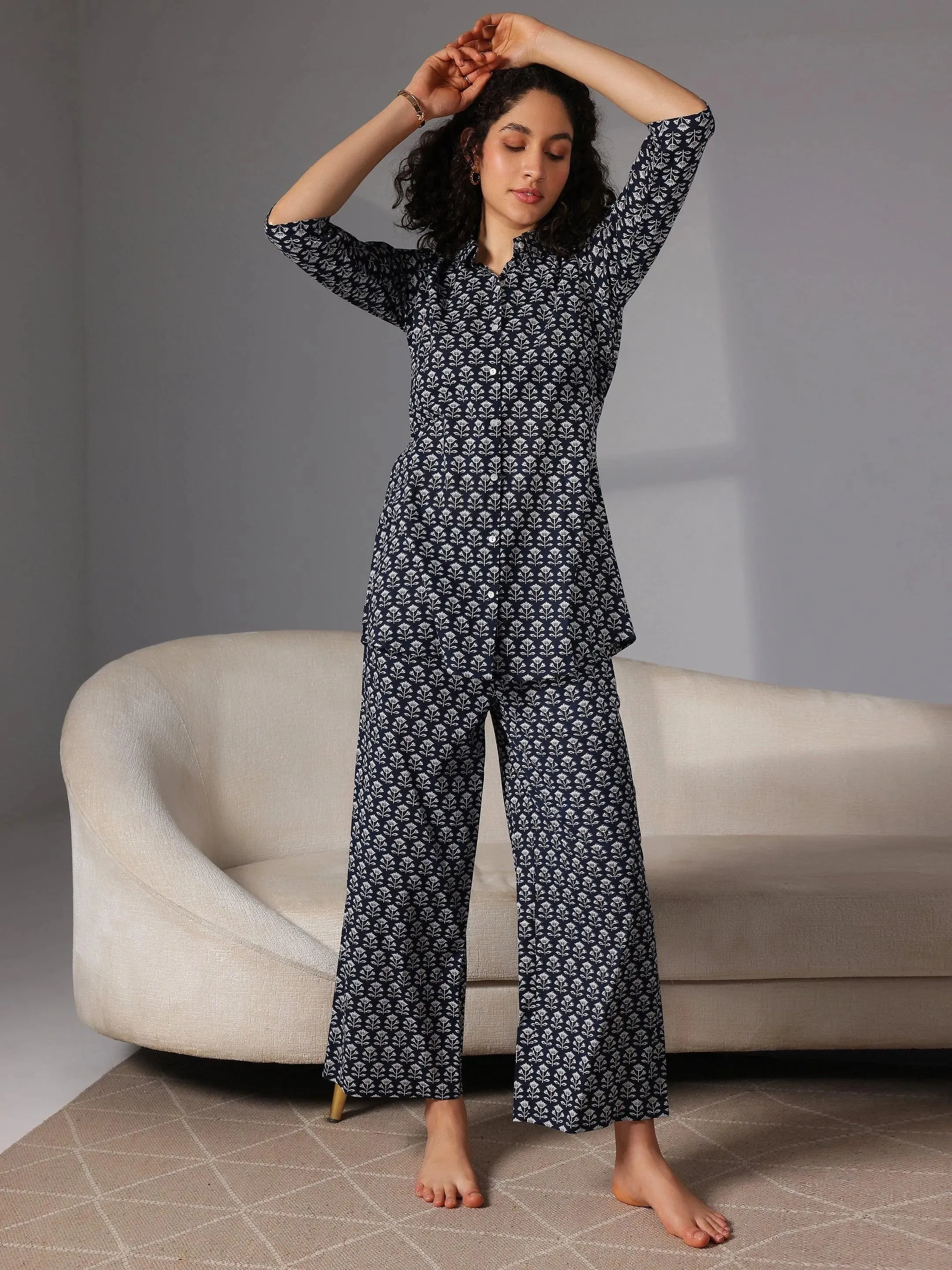 Navy Blue Printed Cotton Night Suits