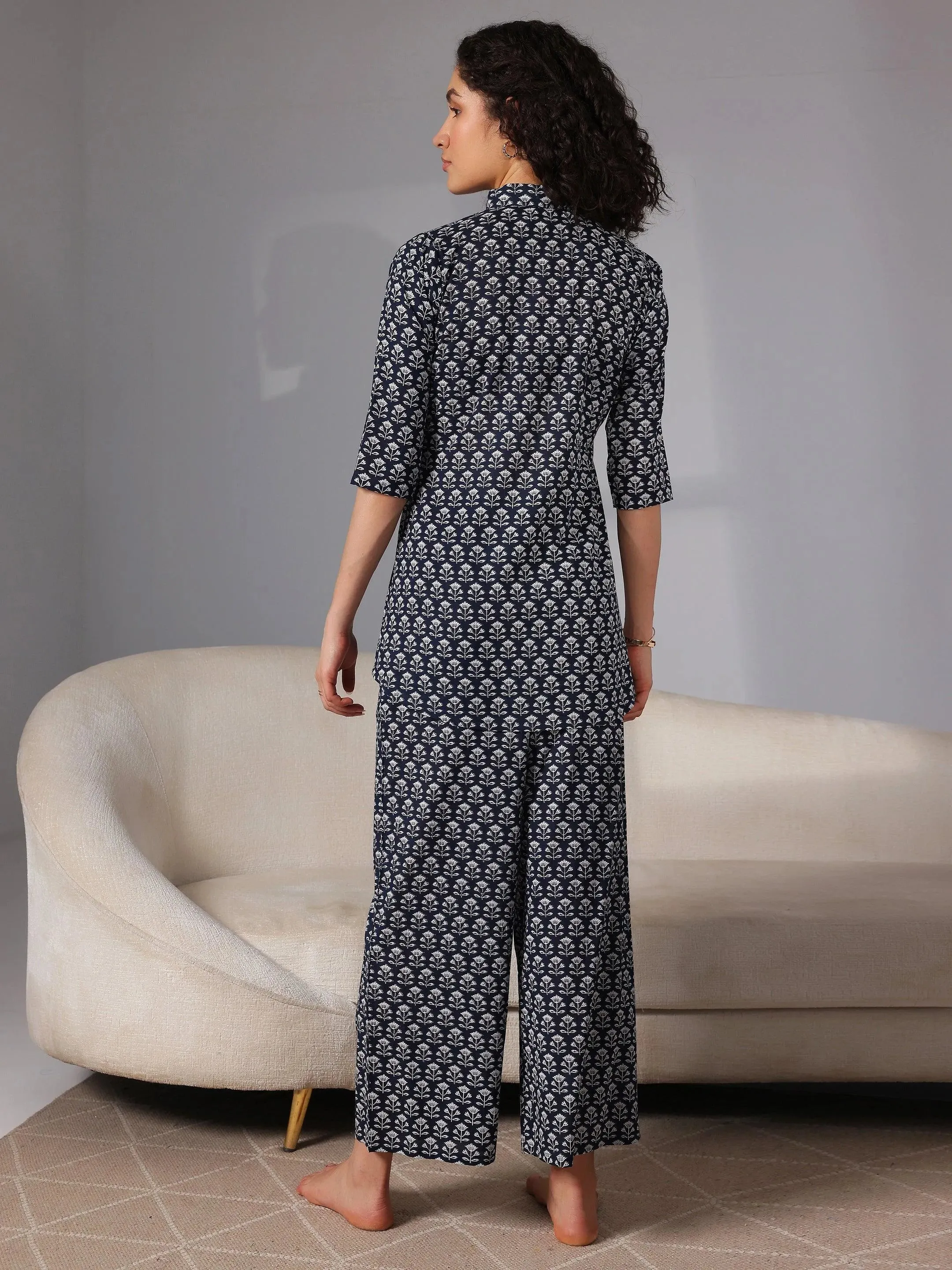 Navy Blue Printed Cotton Night Suits