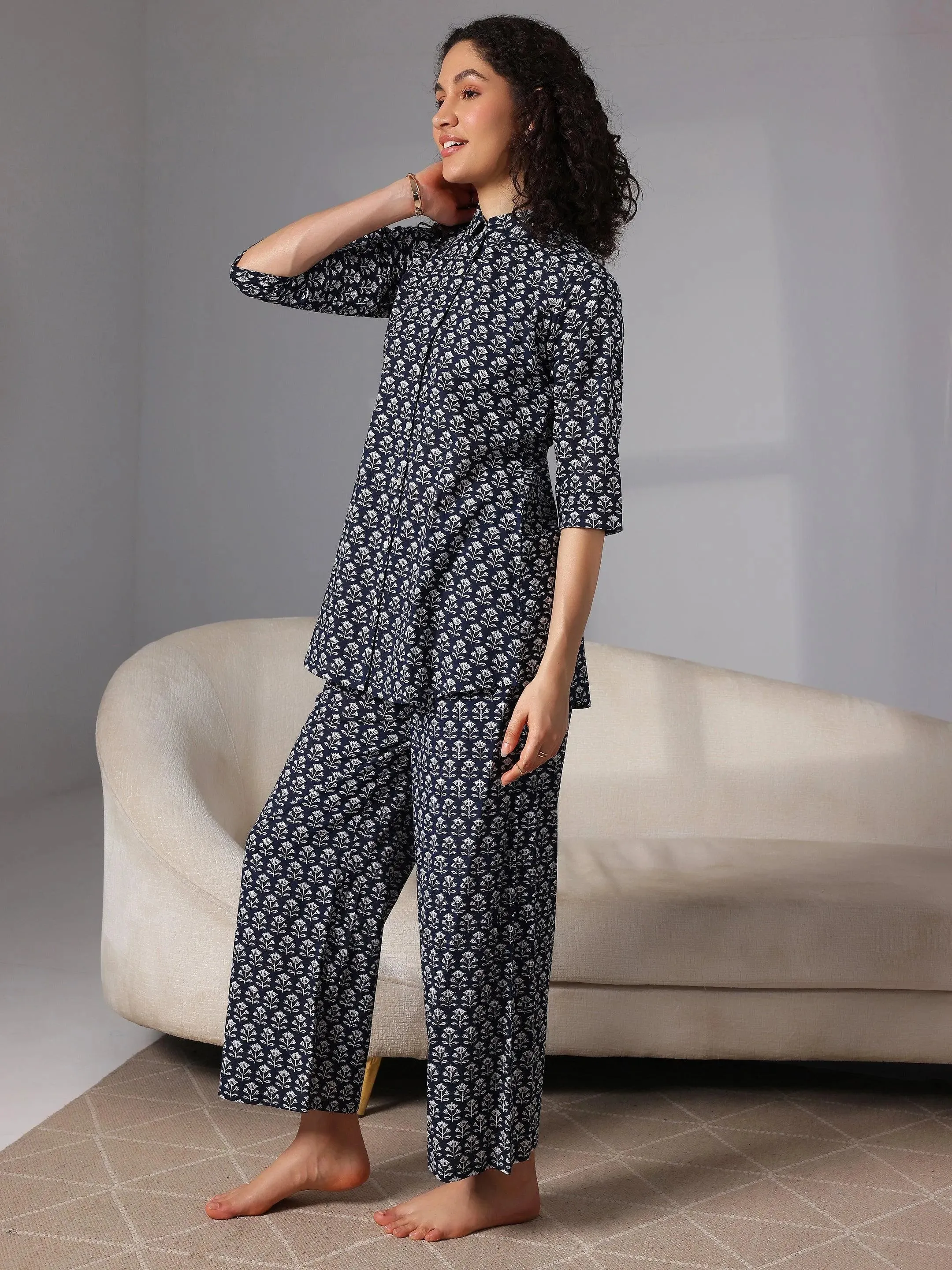 Navy Blue Printed Cotton Night Suits