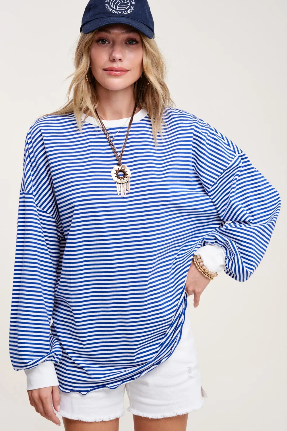 Oversized Striped Long Sleeve Shirt - Blue