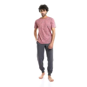 Patterned Round Neck Tee & Pants Pajama Set for Men - Cashmere & Grey