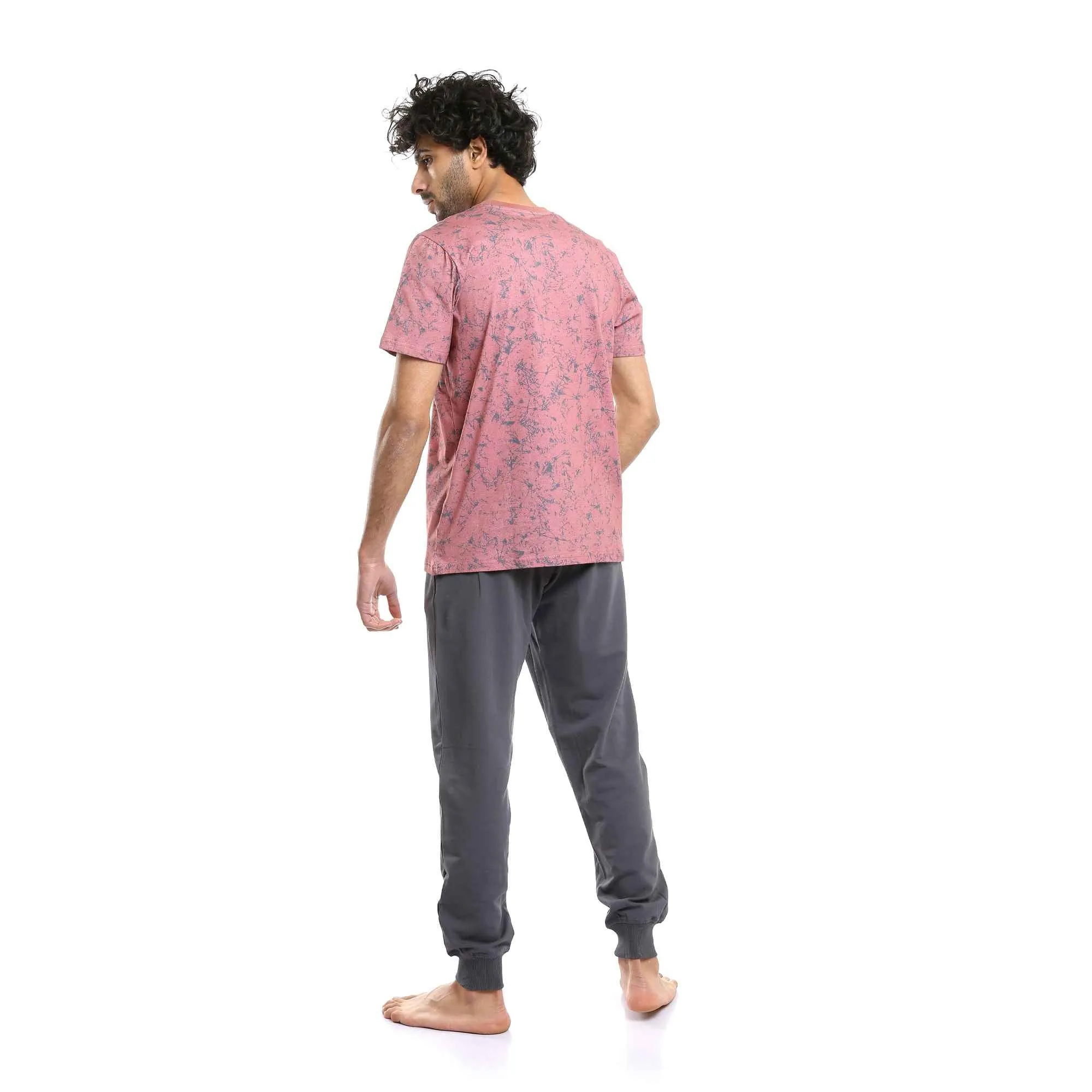 Patterned Round Neck Tee & Pants Pajama Set for Men - Cashmere & Grey