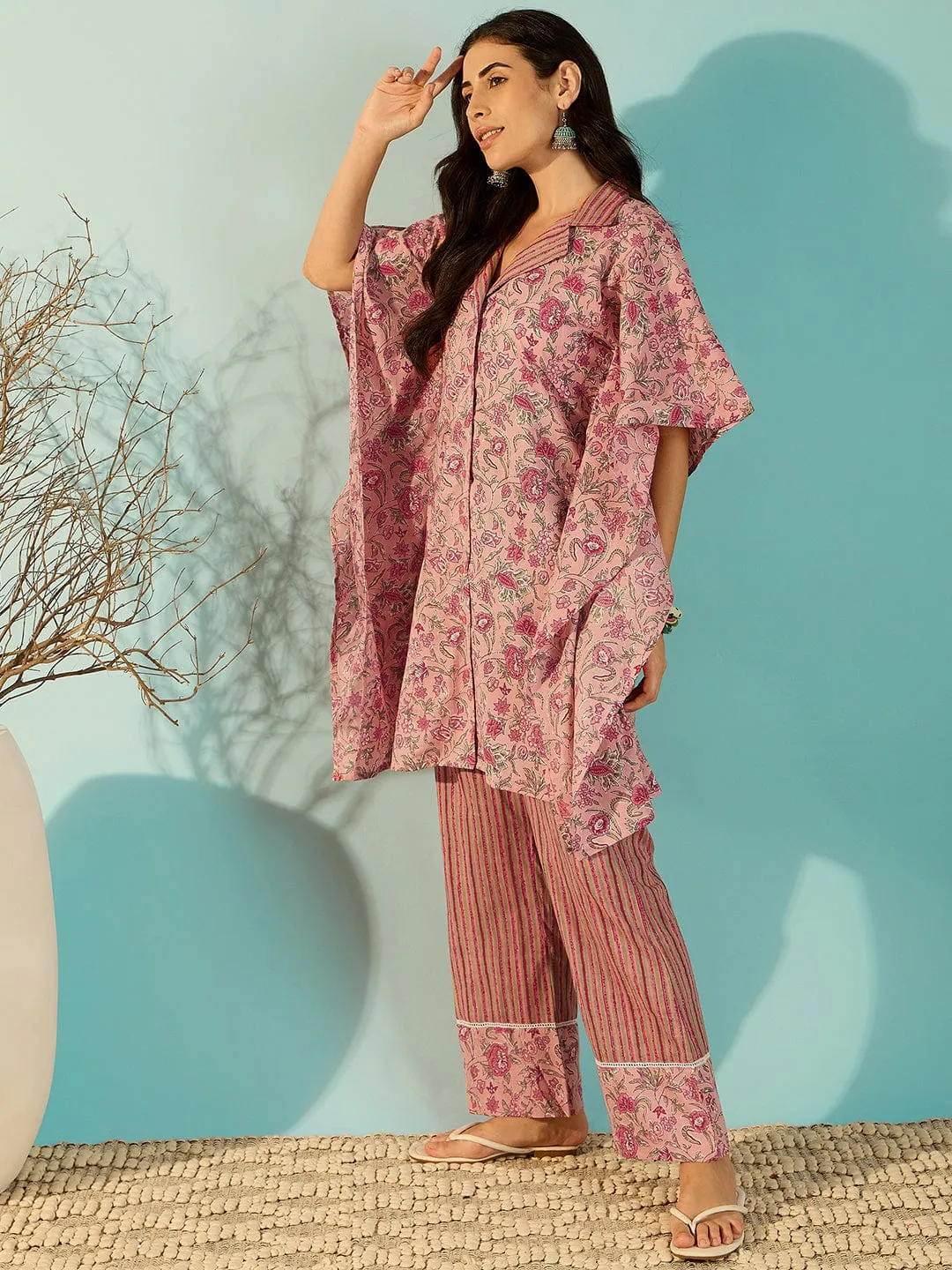 Pink Handcrafted Cotton Kaftan Co-Ord Set For Women