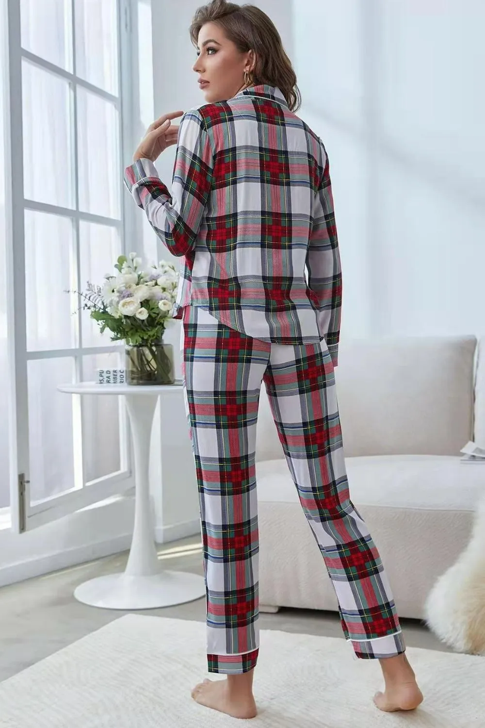 Plaid Button Front Top and Pants Lounge Set