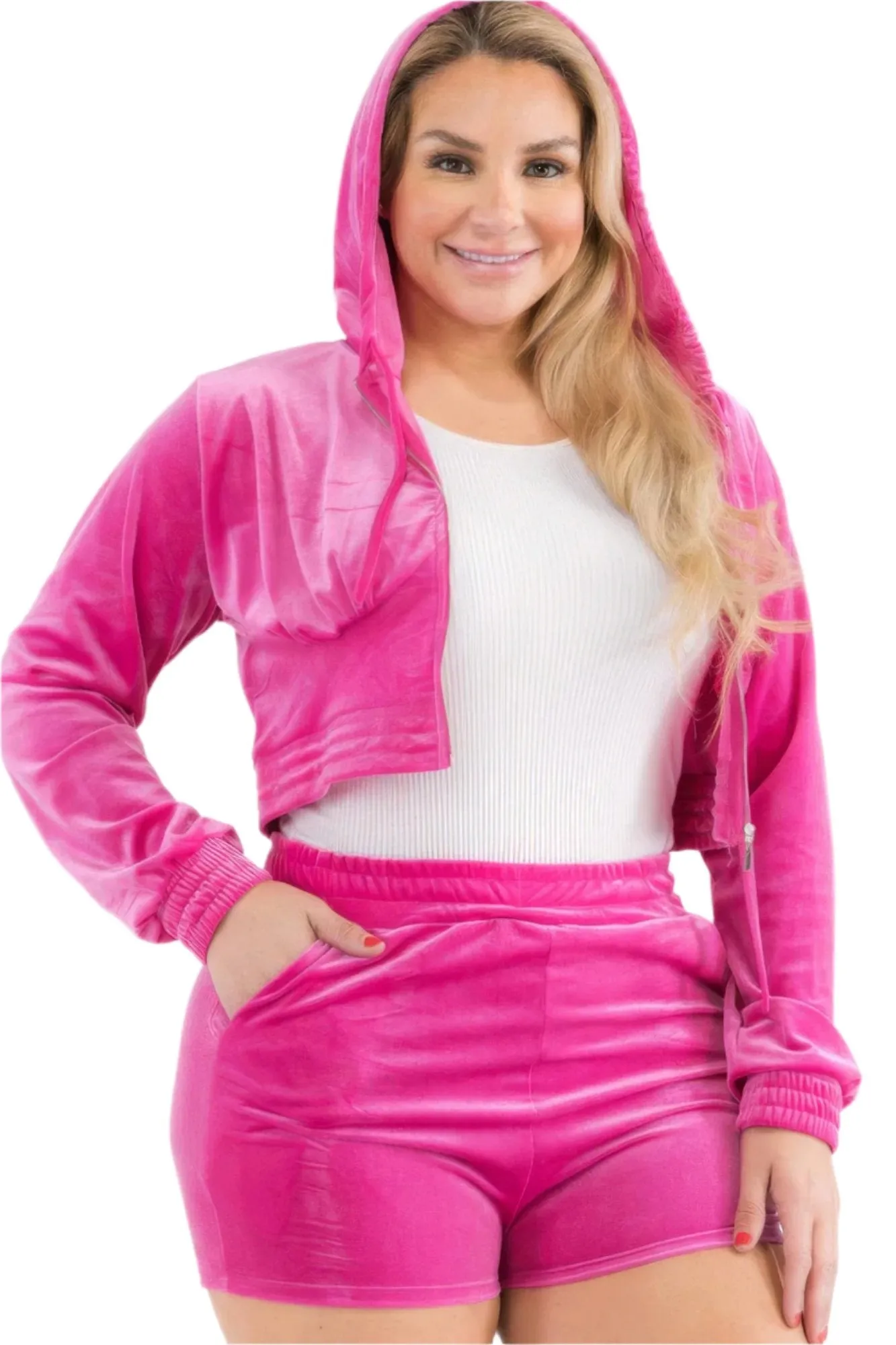 Plus Size Velour Crop Zip Up Hoodie And Shorts Set