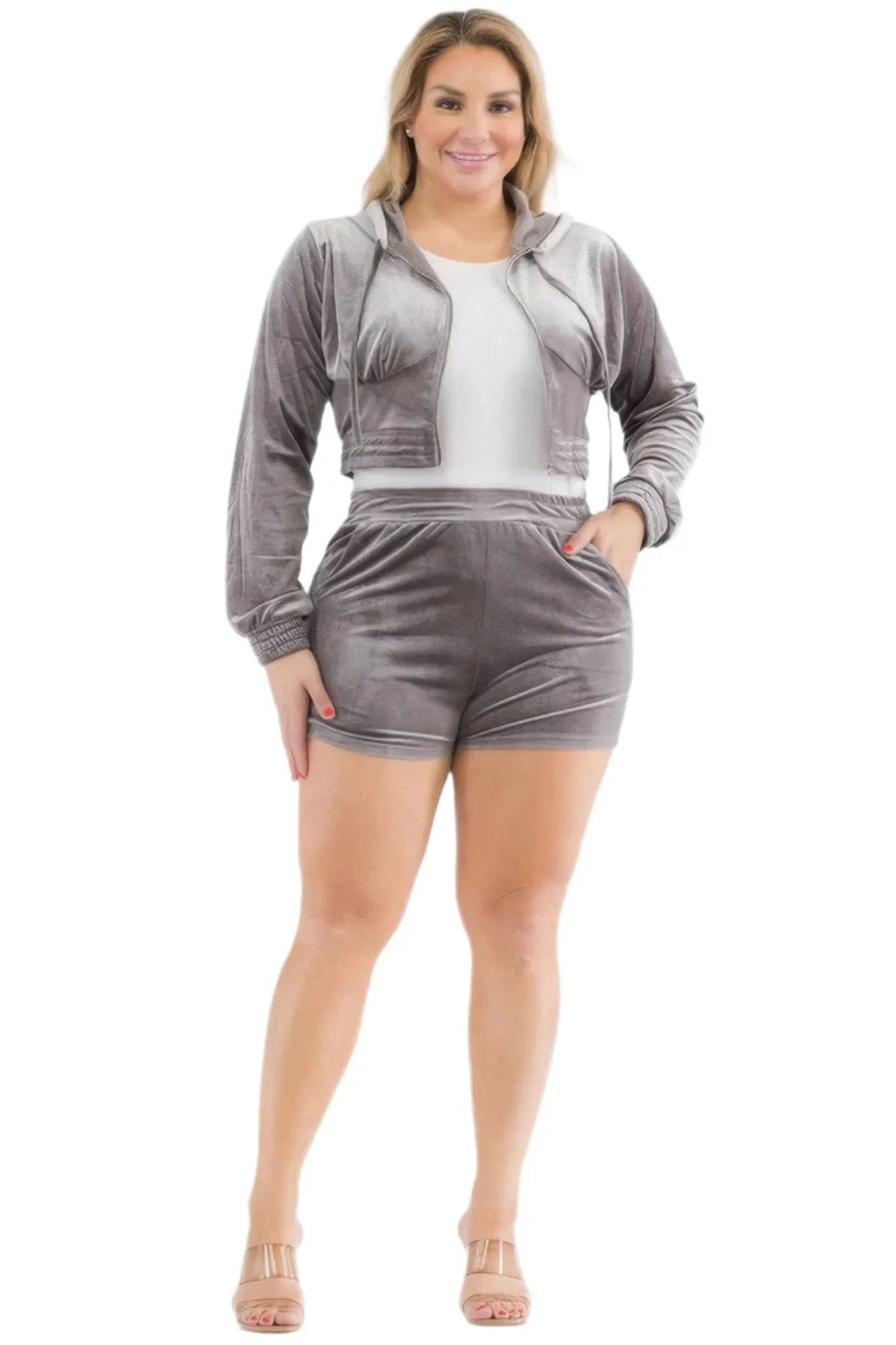 Plus Size Velour Crop Zip Up Hoodie And Shorts Set