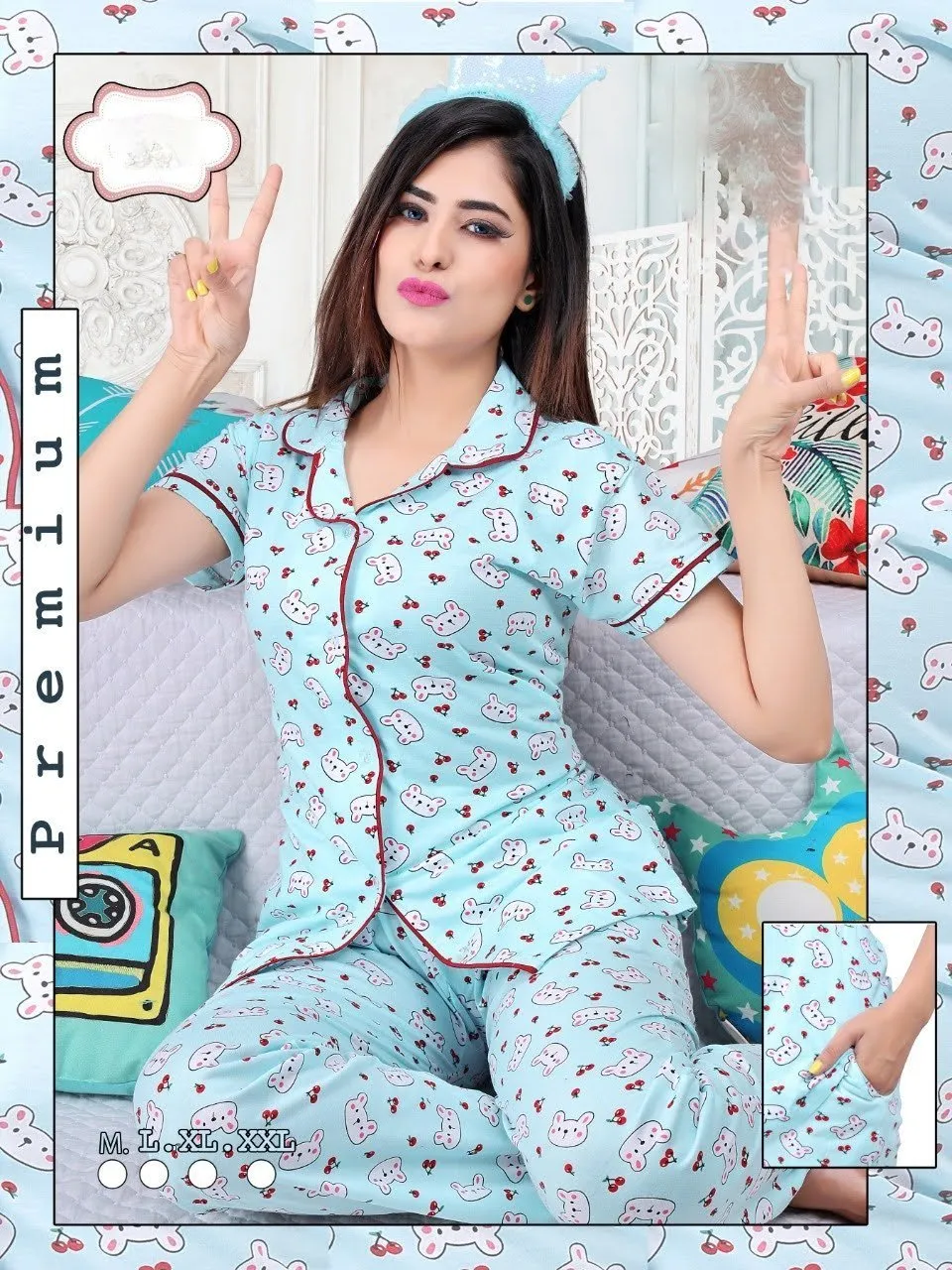 Printed Sky Blue Night Dress Top and Pajama Set for Women