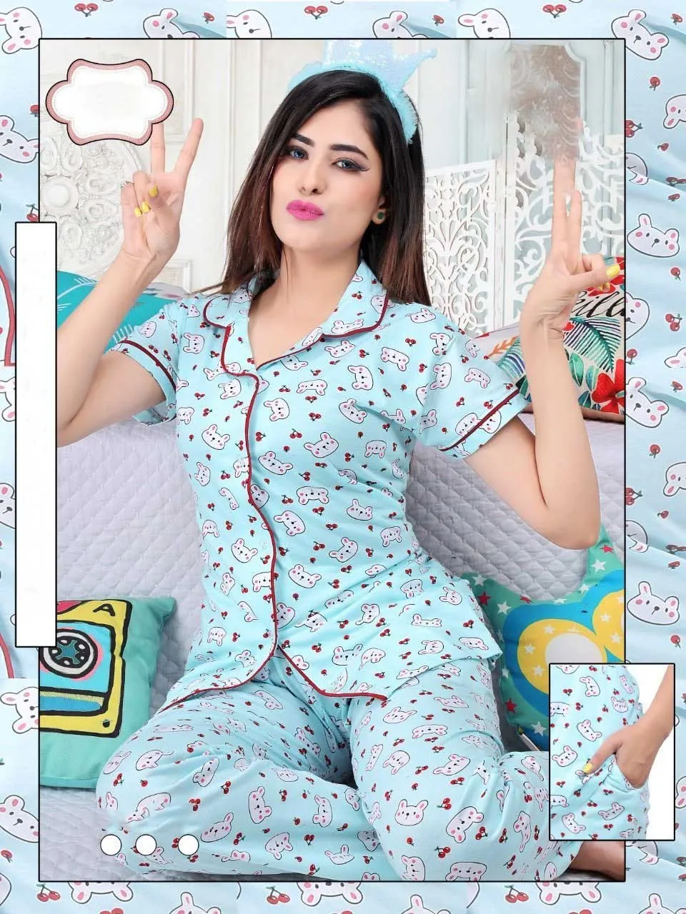 Printed Sky Blue Night Dress Top and Pajama Set for Women