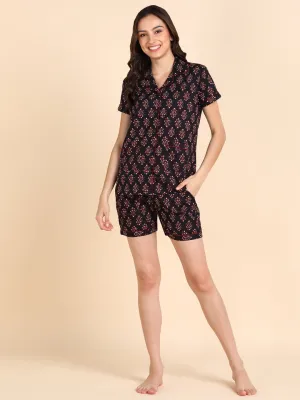 Pure Cotton Printed Night Suit Short Set - Black