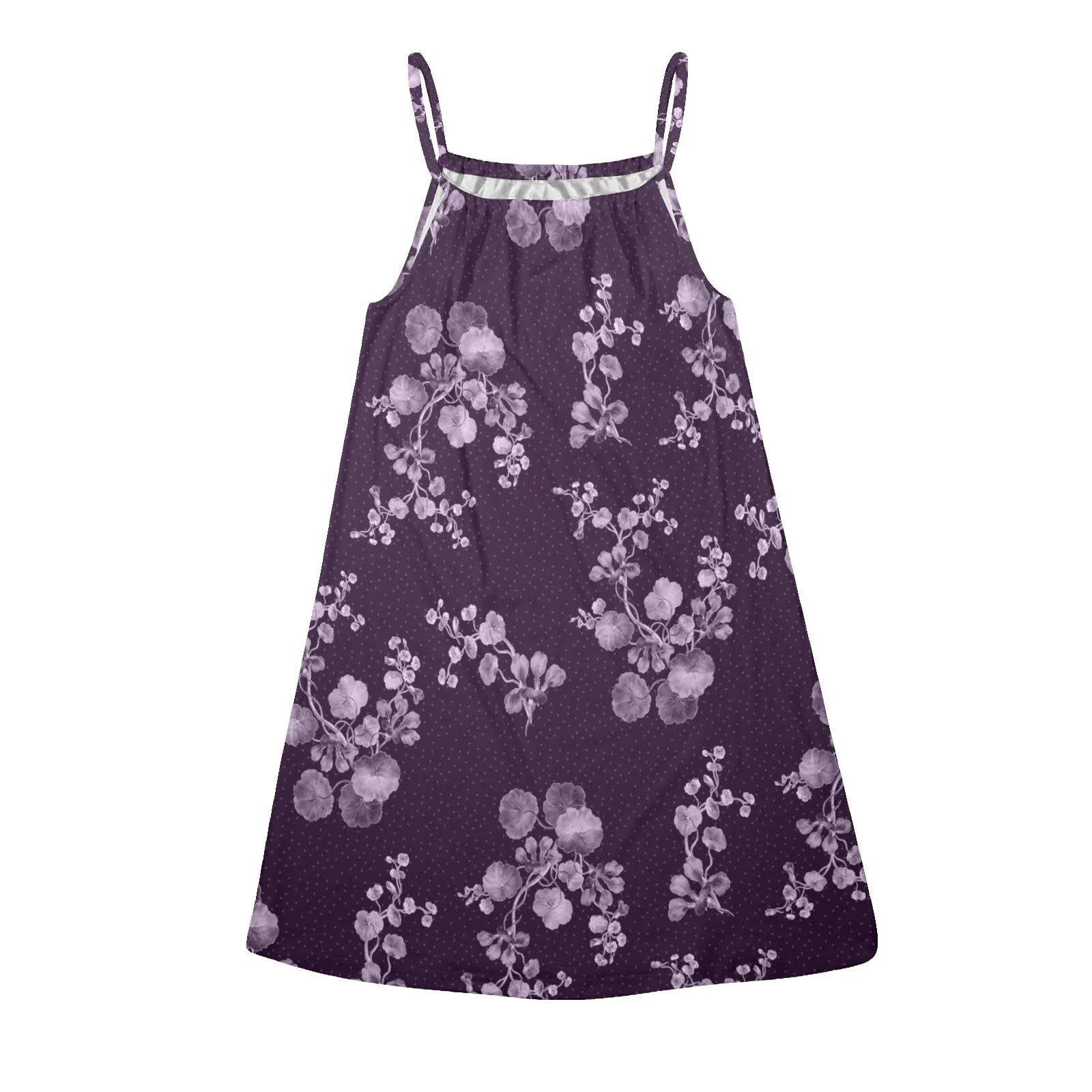 purple floral polka dots print Drawstring Neck Sleeveless Dress (Model D68)