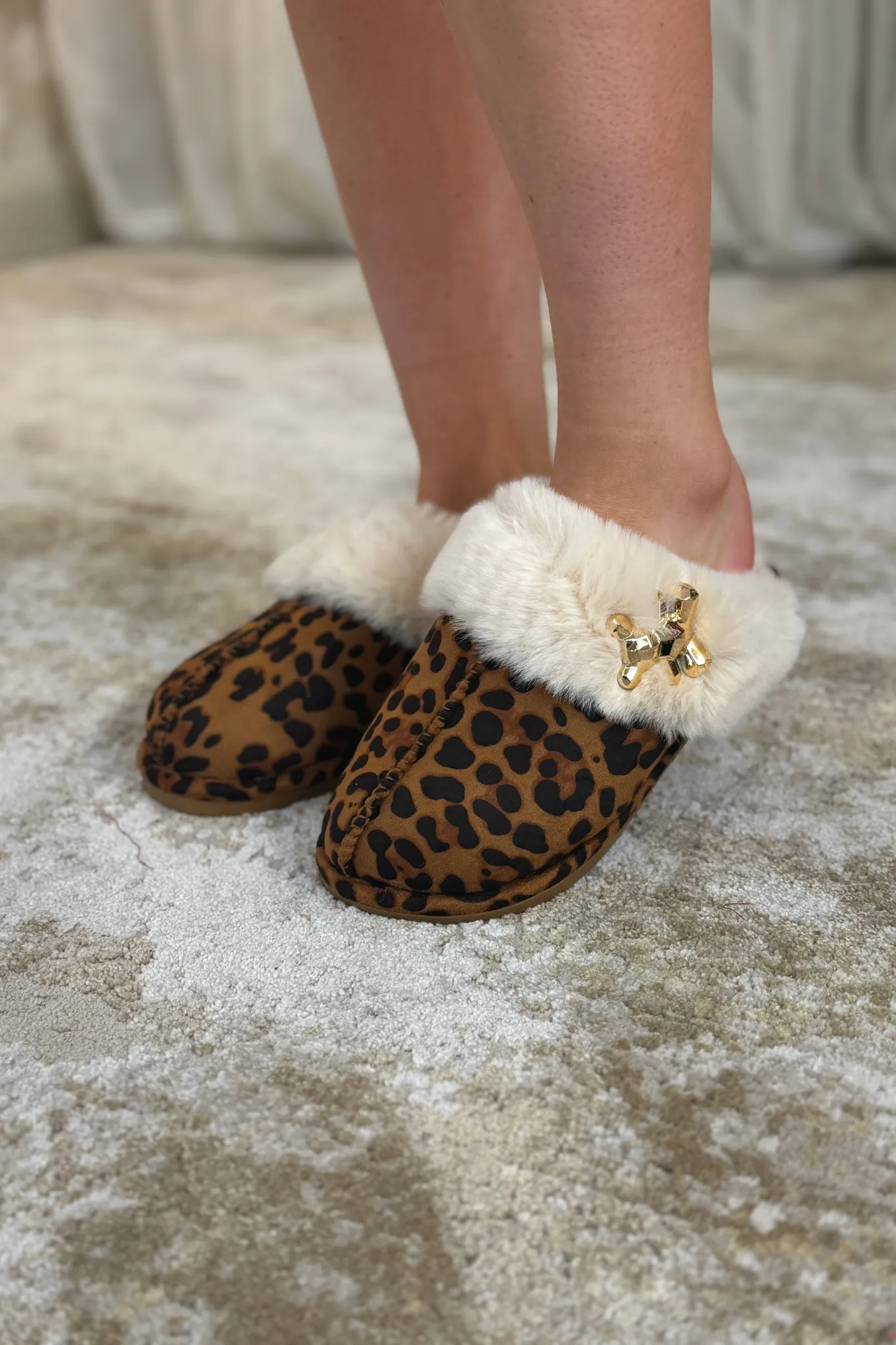 Sadie Faux Fur Trim Slippers In Leopard