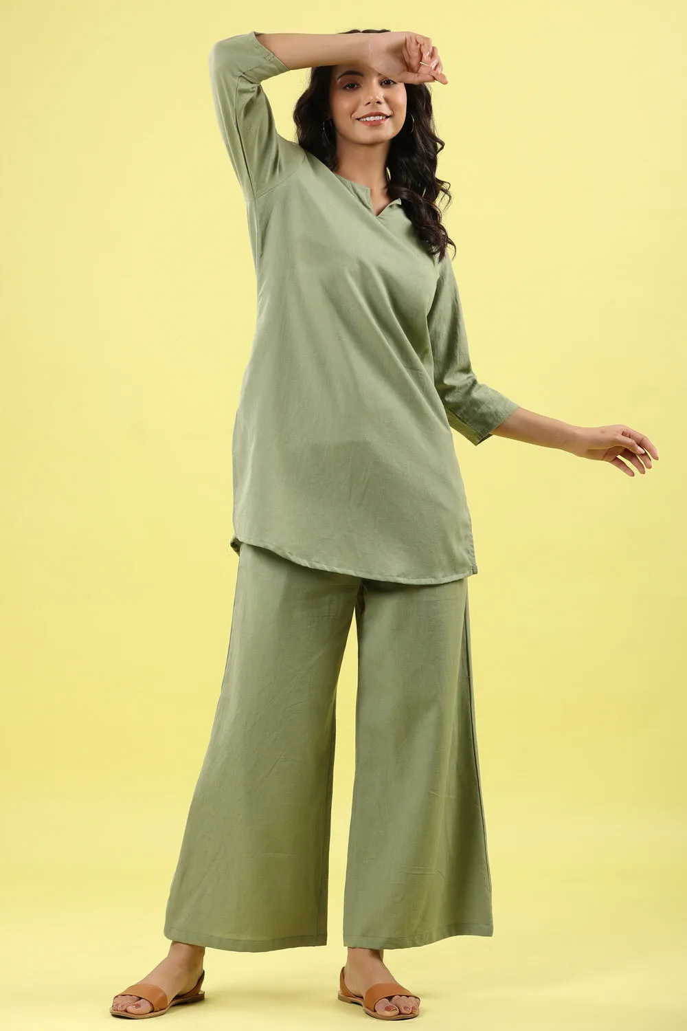 Solid Light Green Pallazo Palazzo Loungewear Set