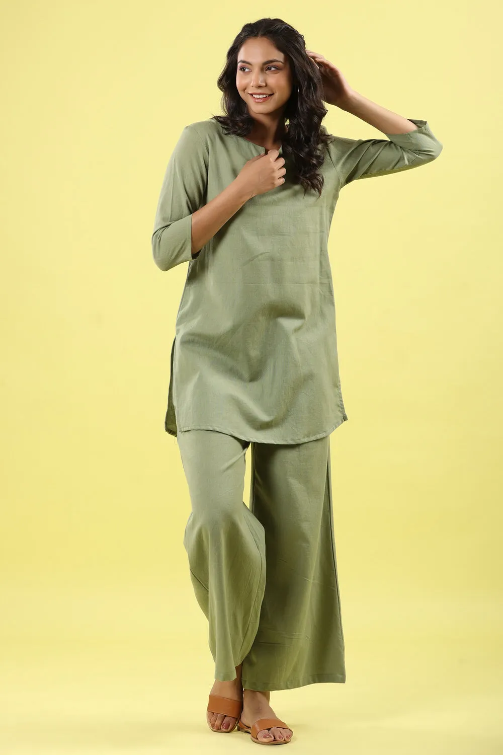 Solid Light Green Pallazo Palazzo Loungewear Set