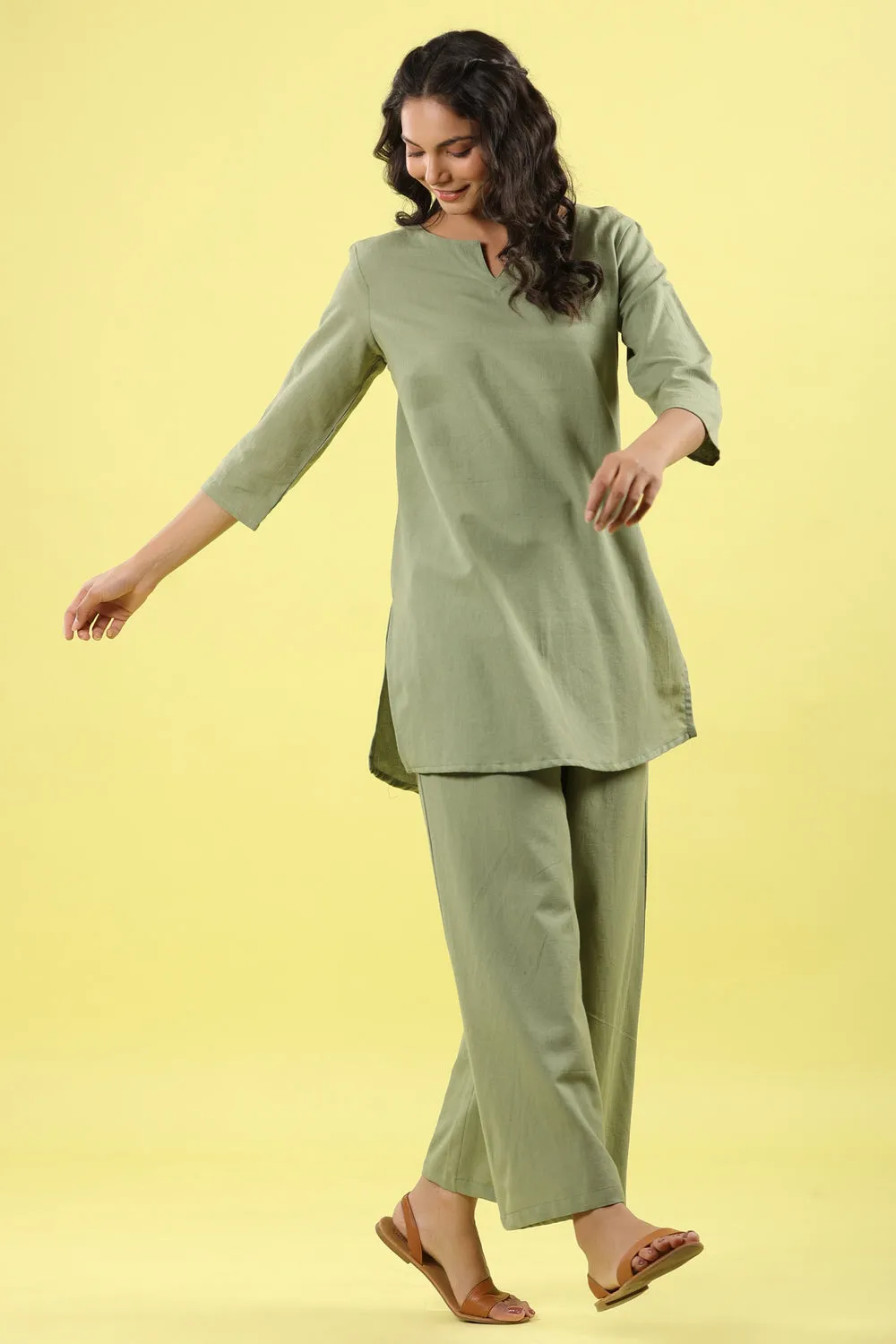 Solid Light Green Pallazo Palazzo Loungewear Set