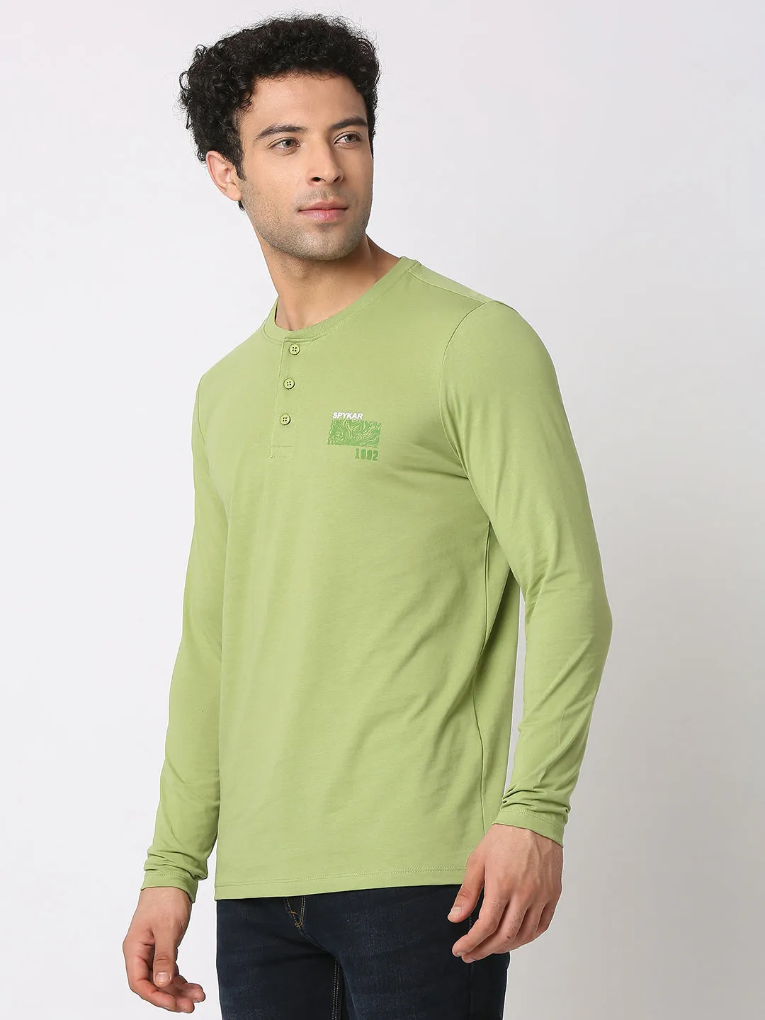 Spykar Men Dusty Green Cotton Slim Fit Henley Neck Plain T-Shirt