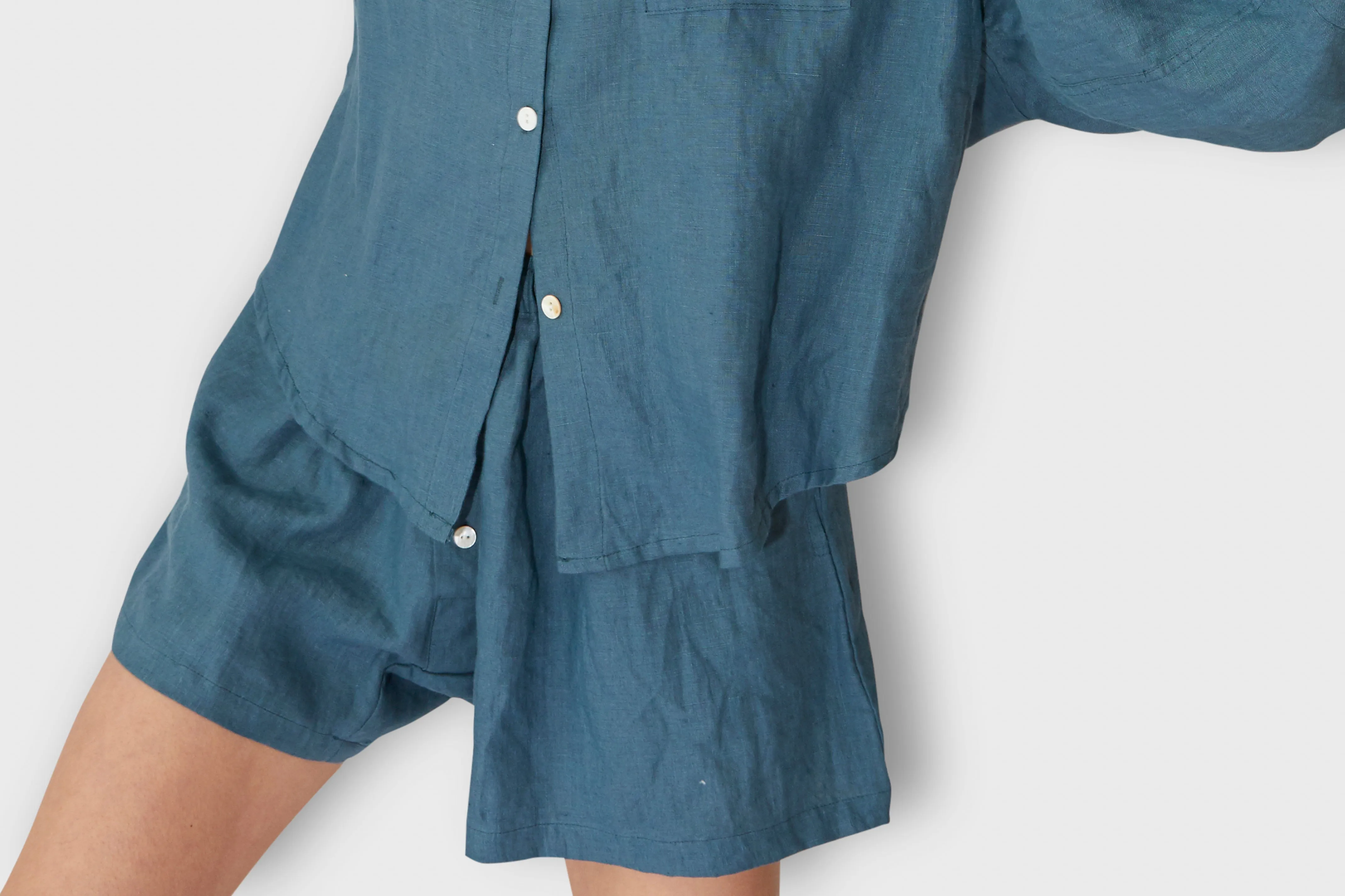 Stonewashed Linen Pajama Set With Shorts – Steel Blue