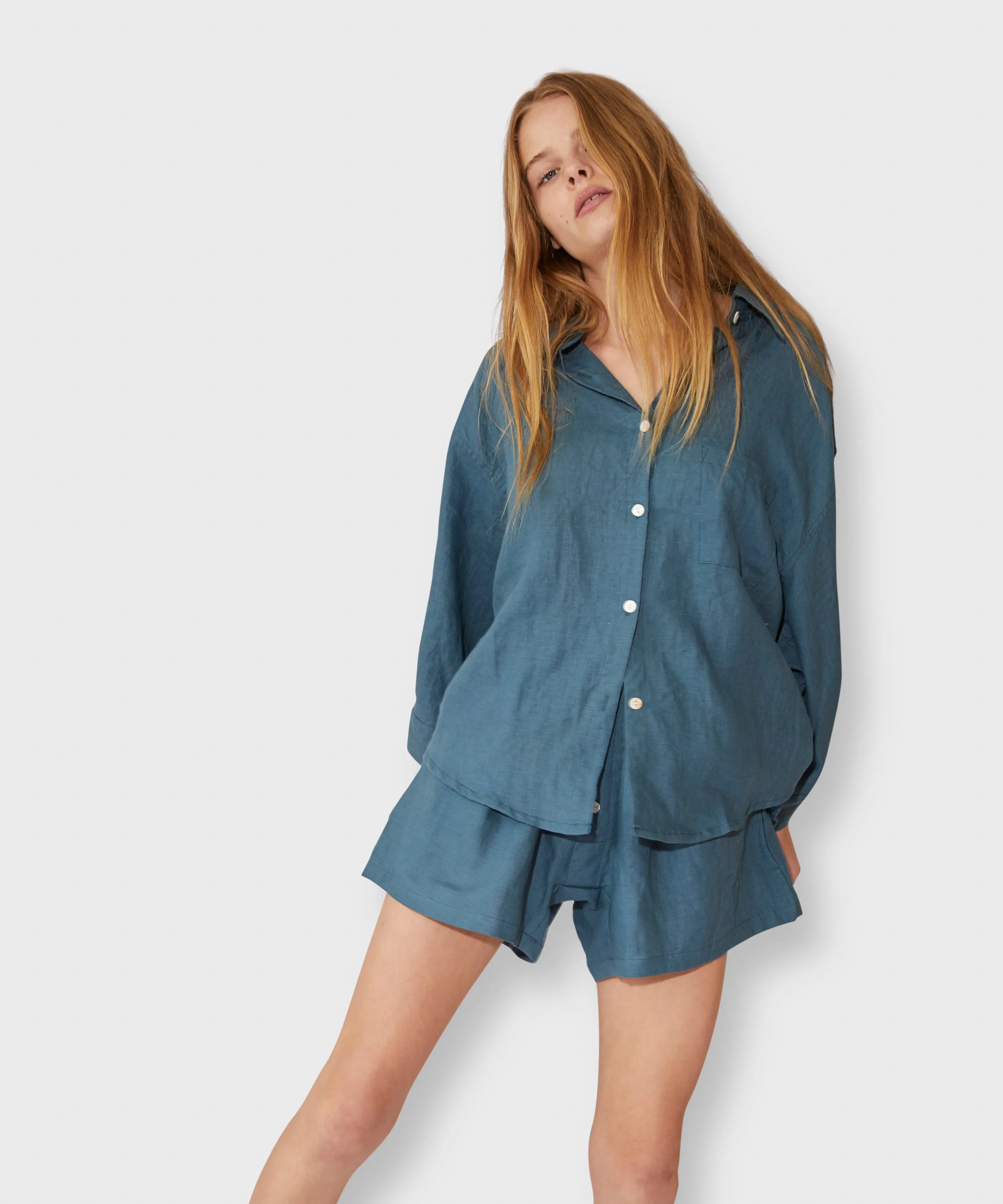 Stonewashed Linen Pajama Set With Shorts – Steel Blue