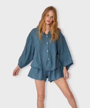 Stonewashed Linen Pajama Set With Shorts – Steel Blue