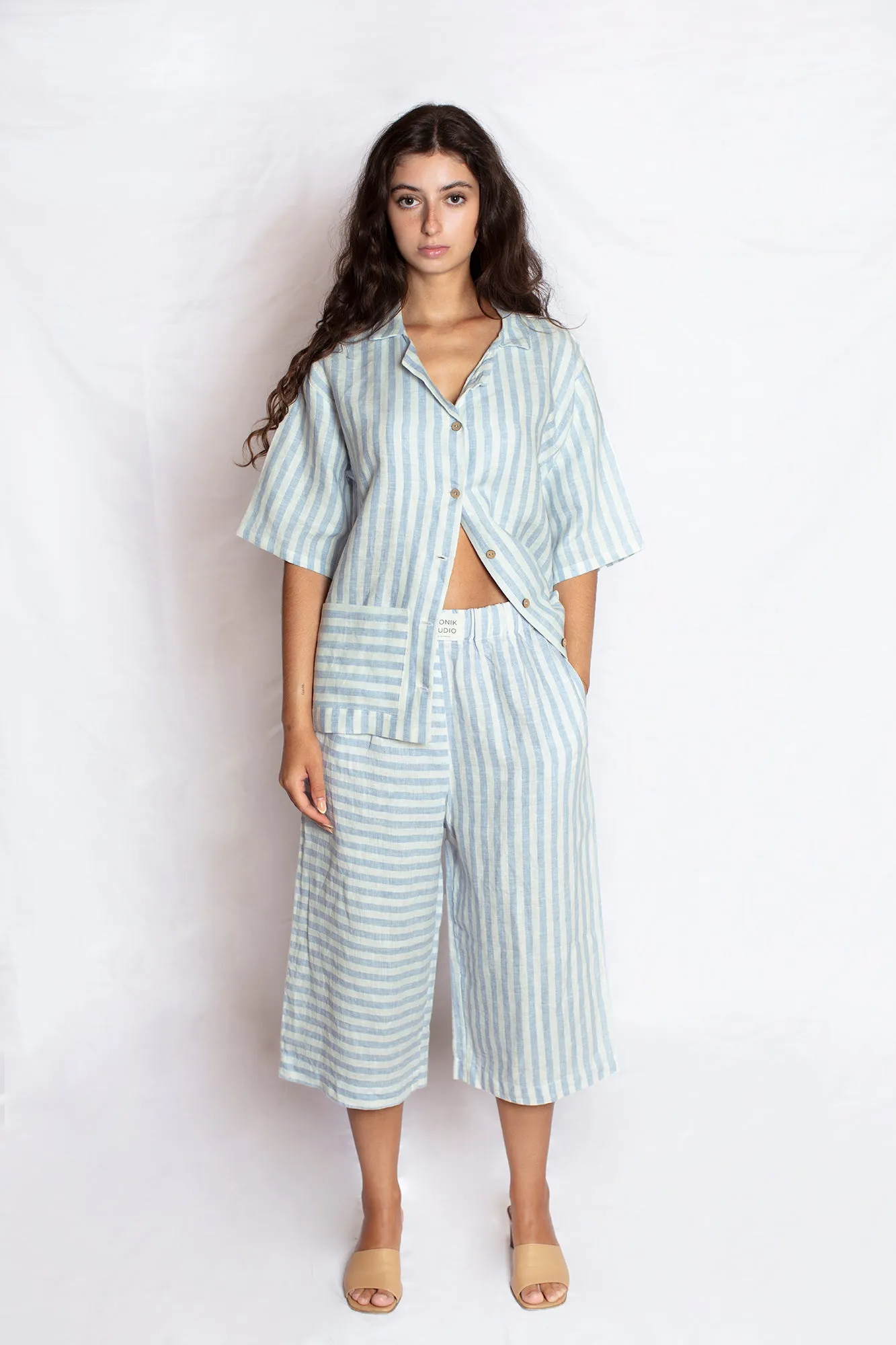 Striped Linen Culottes in Blue