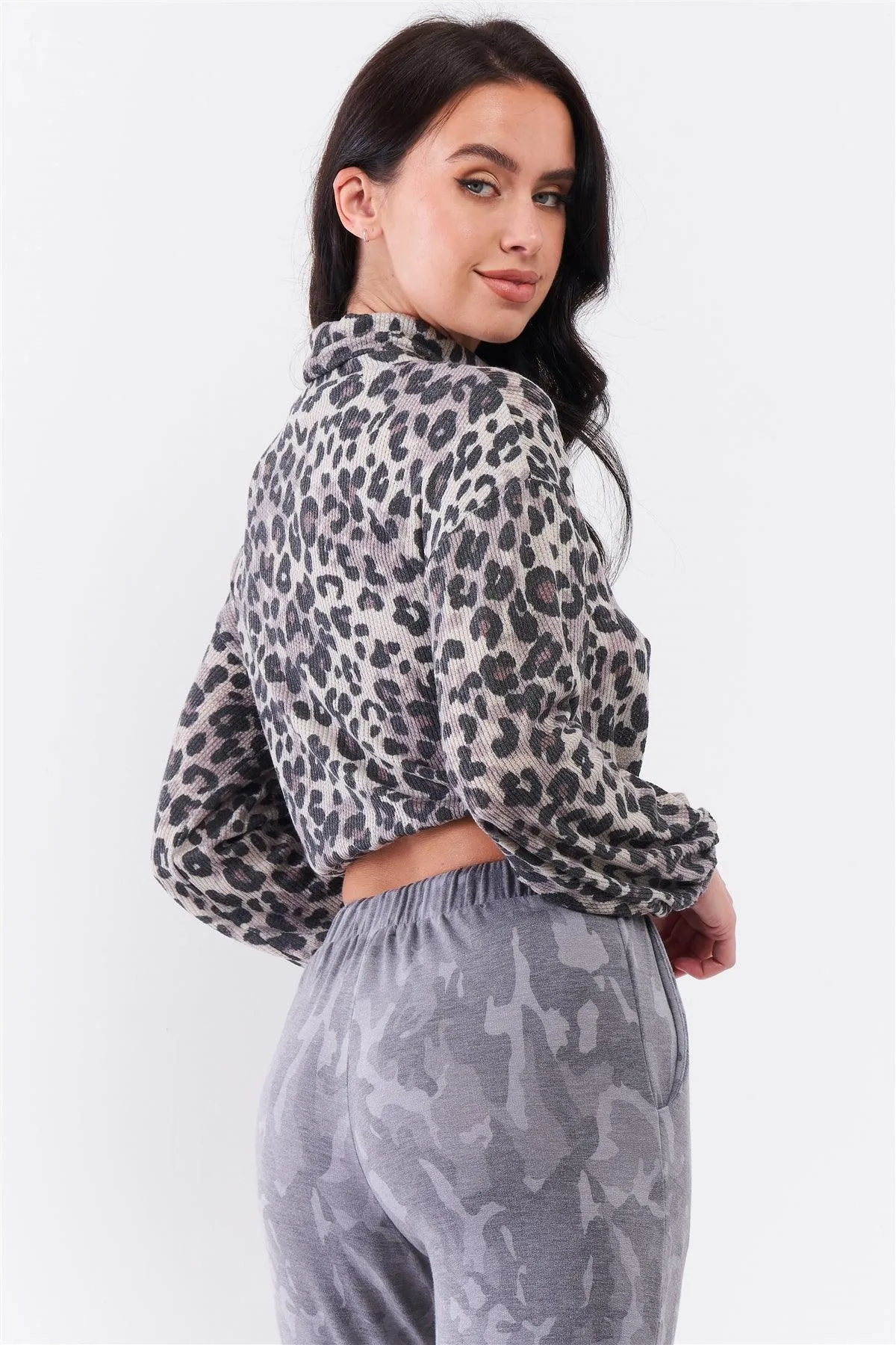 Taupe Black Leopard Turtleneck Relaxed Balloon Sleeve Draw-String Hem Crop Sweater /3-2-1